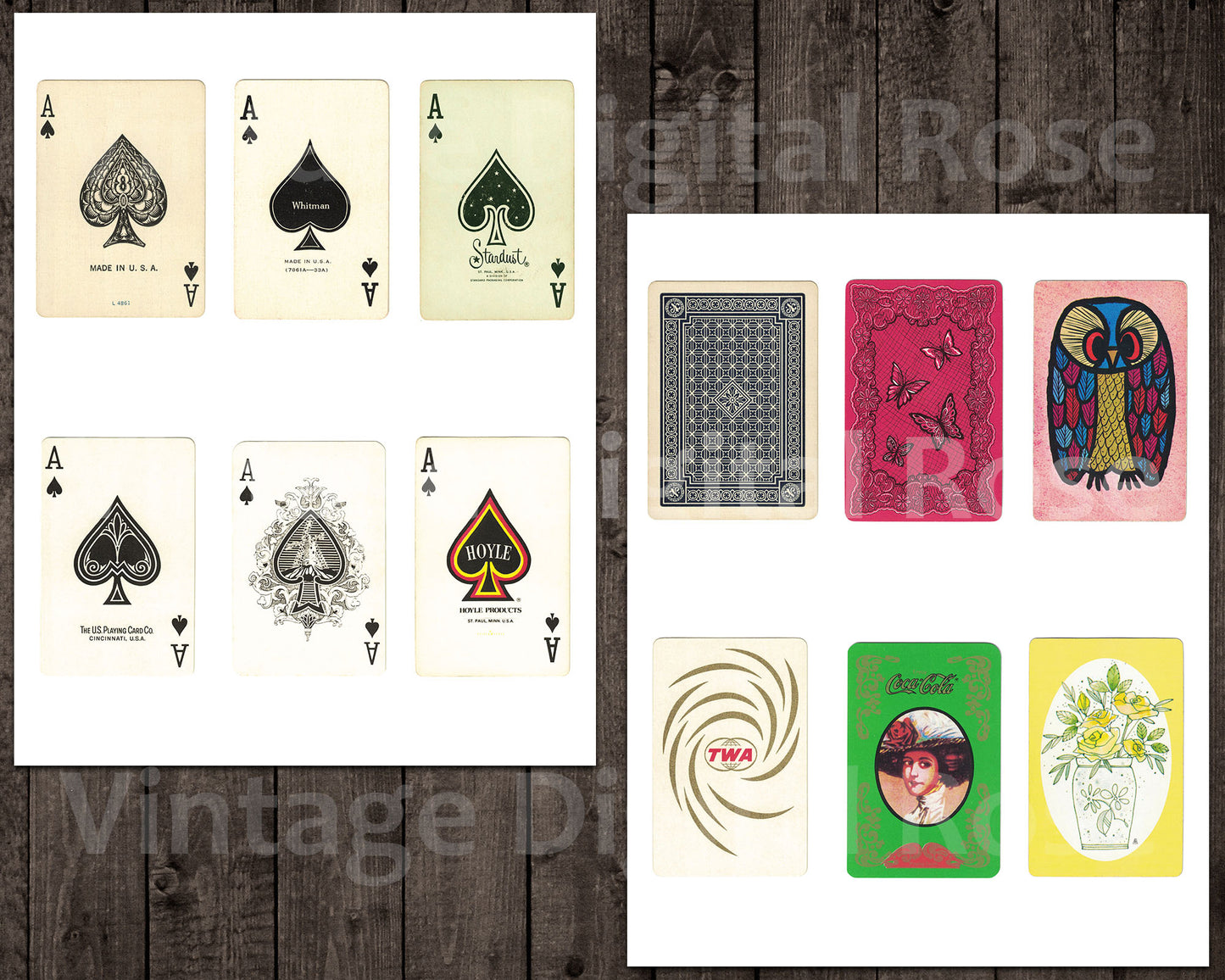 Vintage Printable Ace of Spades Playing Cards Fronts and Backs Digital Collage Sheet PNG JPG Format Set of 6 Cards Vintage Game Ephemera