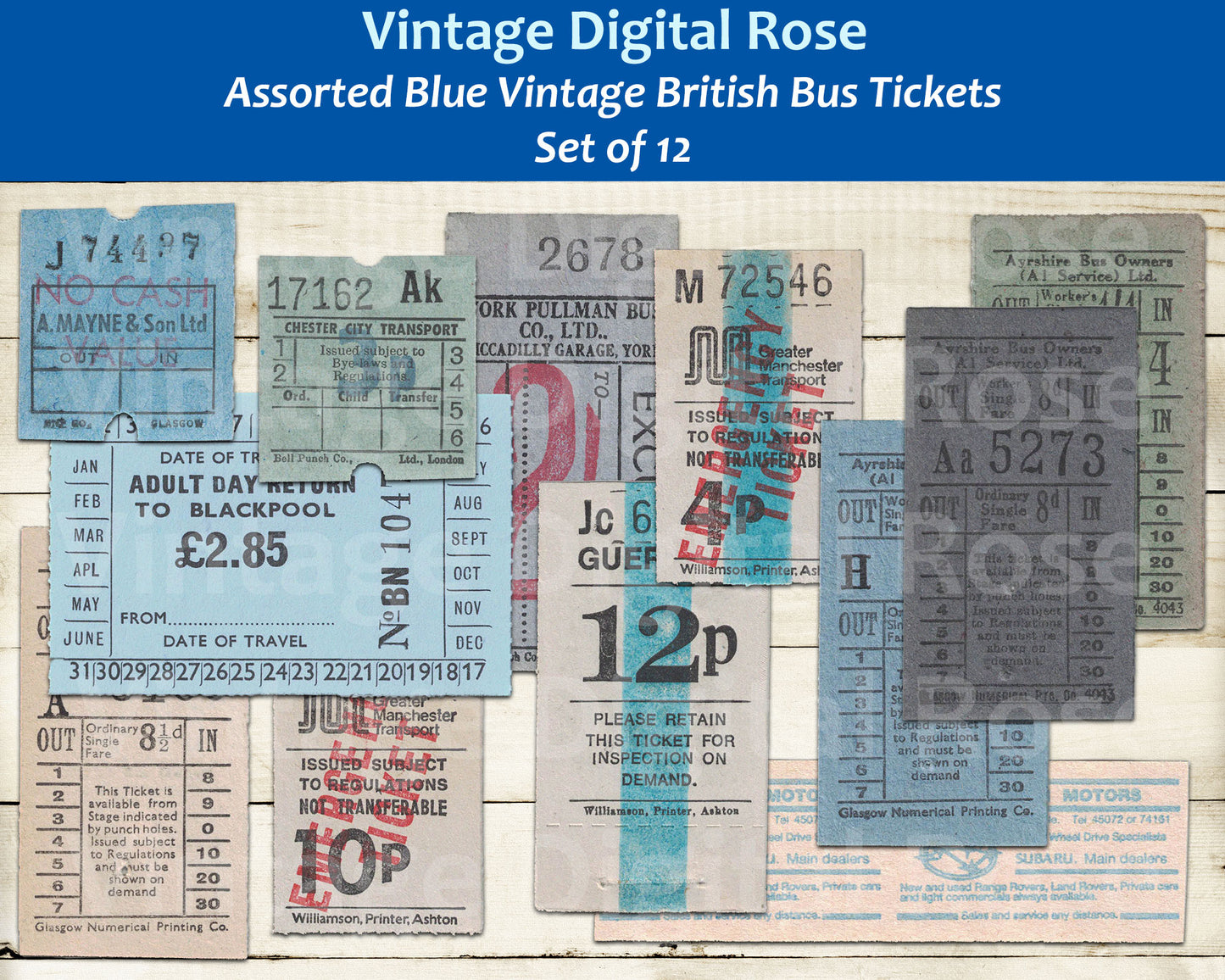 Vintage Printable British Bus Tickets Blue Neutral Digital Collage Sheet JPG PNG Format Set of 12 Tickets Vintage Transportation Ephemera