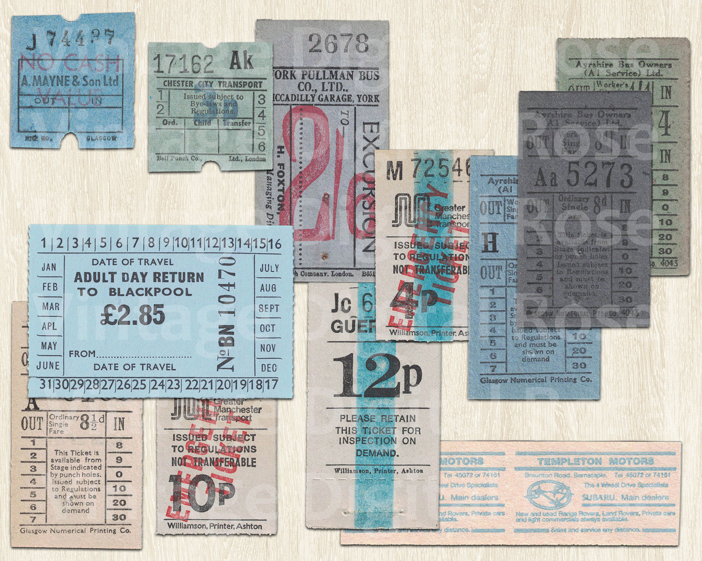 Vintage Printable British Bus Tickets Blue Neutral Digital Collage Sheet JPG PNG Format Set of 12 Tickets Vintage Transportation Ephemera