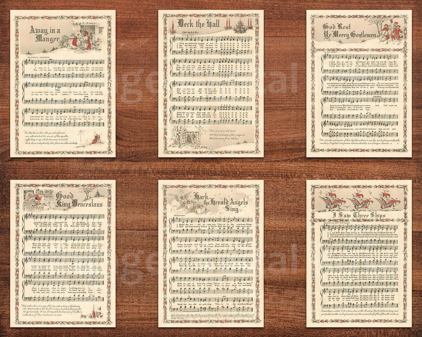 Printable Vintage Christmas Carols Color Illustrations Popular Songs Set of 14 ATC Size Artist Trading Card Journal Scrapbook