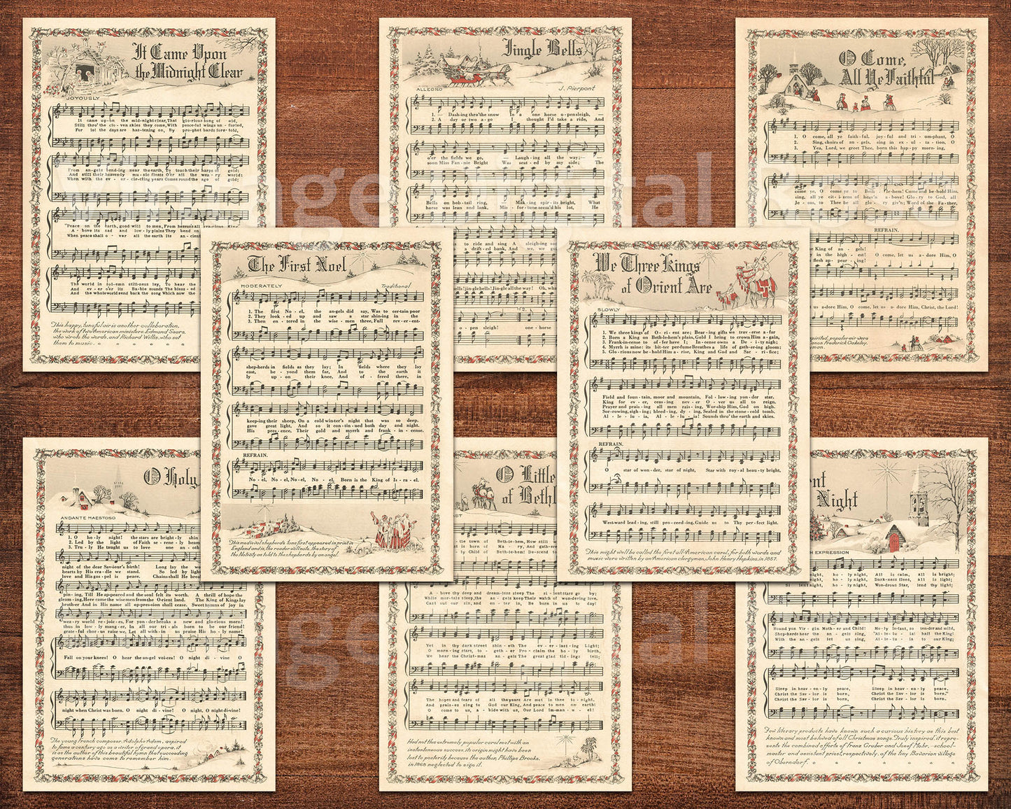 Printable Vintage Christmas Carols Color Illustrations Popular Songs Set of 14 ATC Size Artist Trading Card Journal Scrapbook