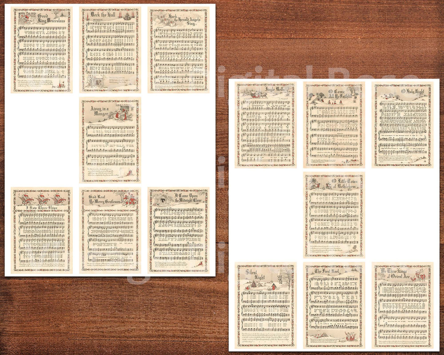Printable Vintage Christmas Carols Color Illustrations Popular Songs Set of 14 ATC Size Artist Trading Card Journal Scrapbook
