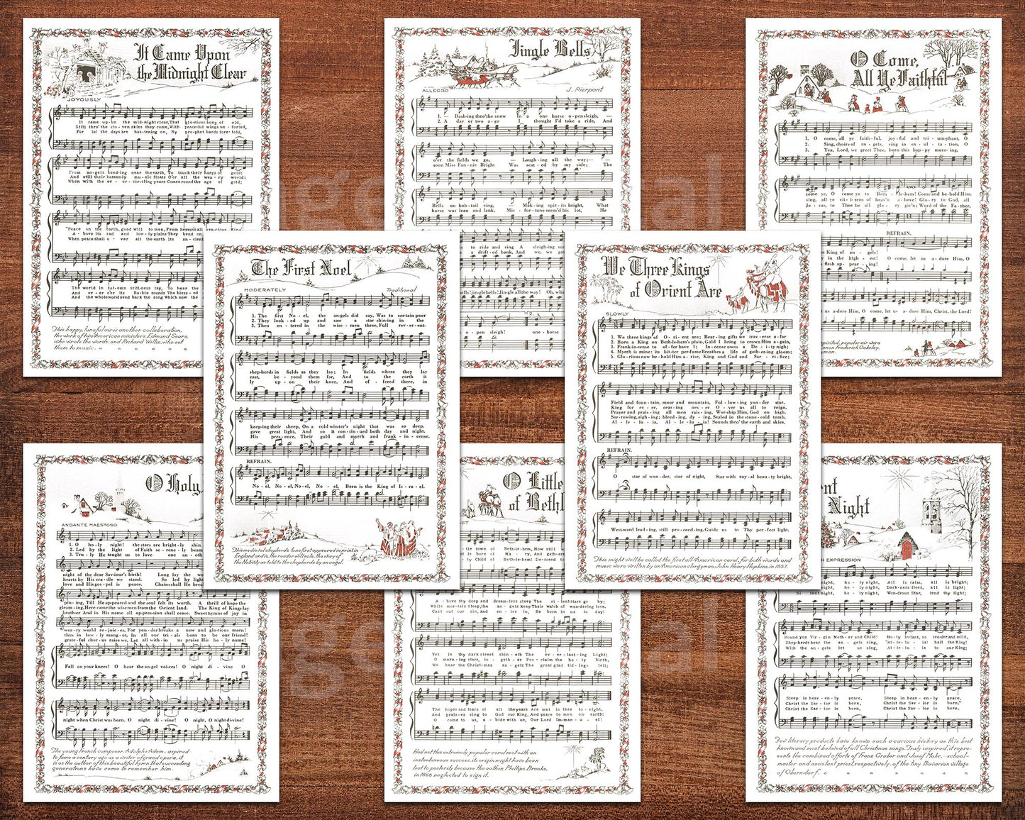 Printable Vintage Christmas Carols Illustrations White Background Popular Songs Set of 14 ATC Size Artist Trading Card Journal Scrapbook
