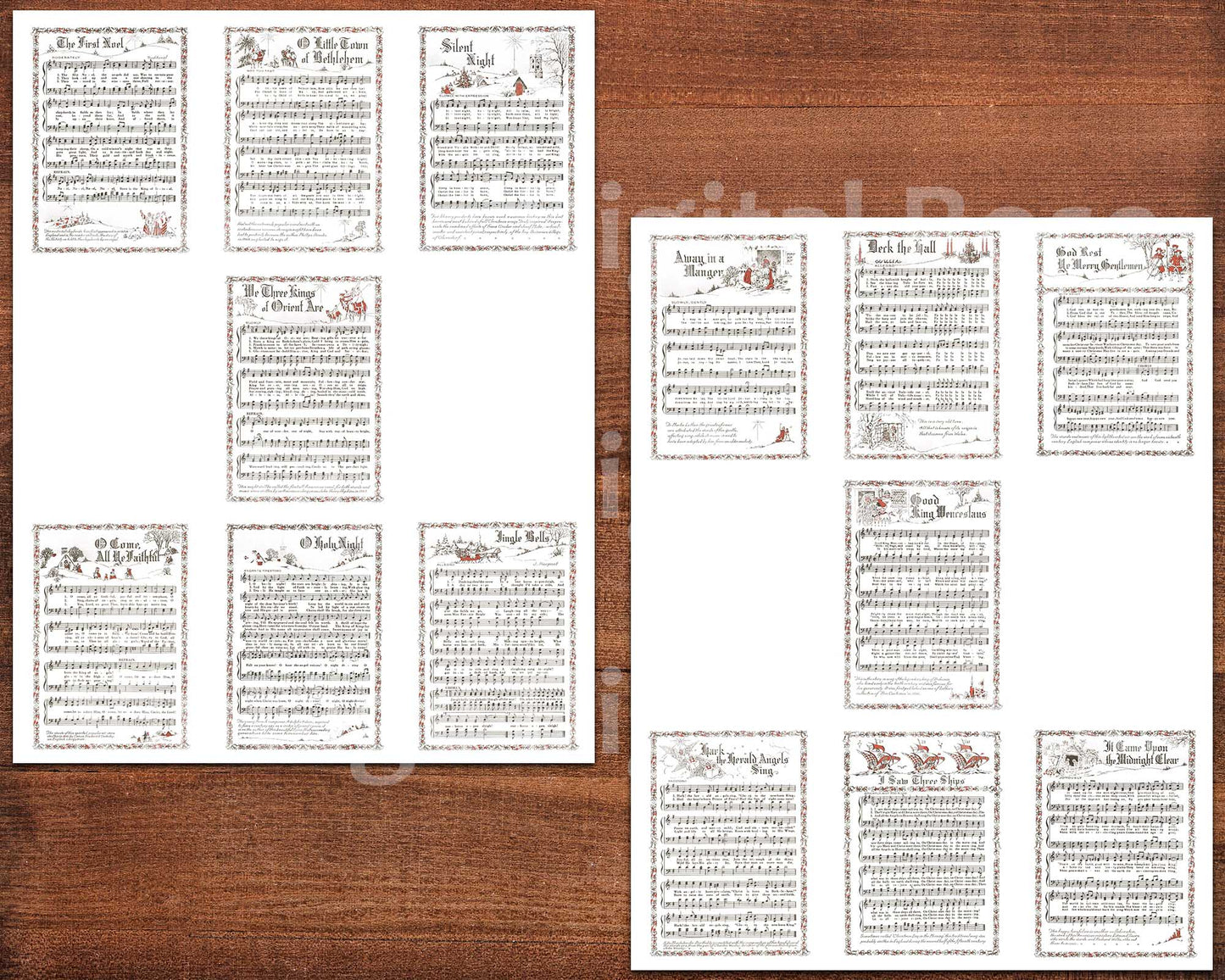 Printable Vintage Christmas Carols Illustrations White Background Popular Songs Set of 14 ATC Size Artist Trading Card Journal Scrapbook