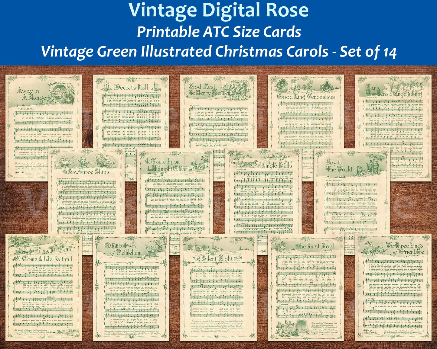 Printable Vintage Christmas Carols Green Illustrated Popular Songs Set of 14 ATC Size Artist Trading Card Journal Scrapbook