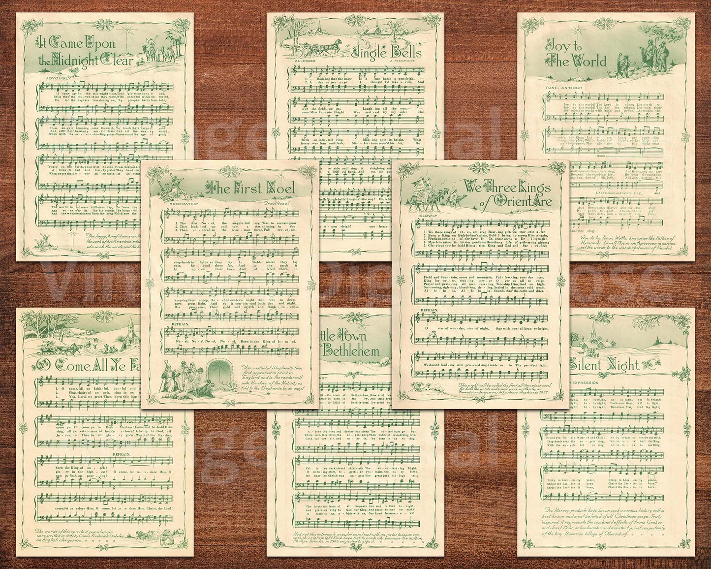 Printable Vintage Christmas Carols Green Illustrated Popular Songs Set of 14 ATC Size Artist Trading Card Journal Scrapbook