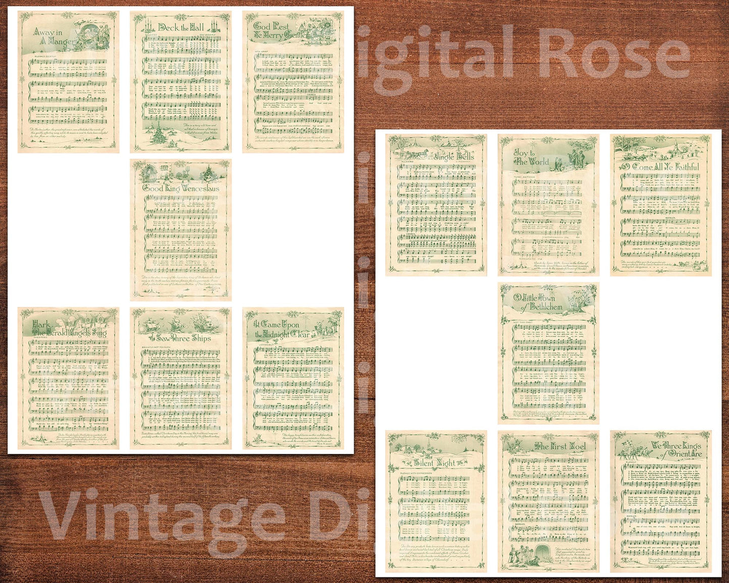 Printable Vintage Christmas Carols Green Illustrated Popular Songs Set of 14 ATC Size Artist Trading Card Journal Scrapbook