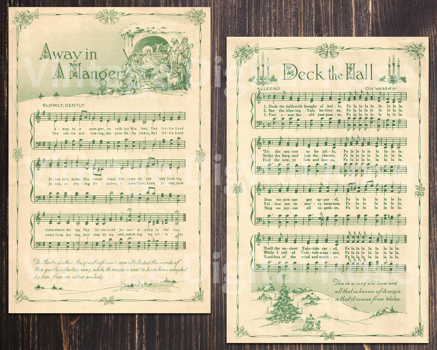 Printable Vintage Christmas Carols Green Illustrated Best Sellers Top Christmas Songs Set of 7 - Set #1