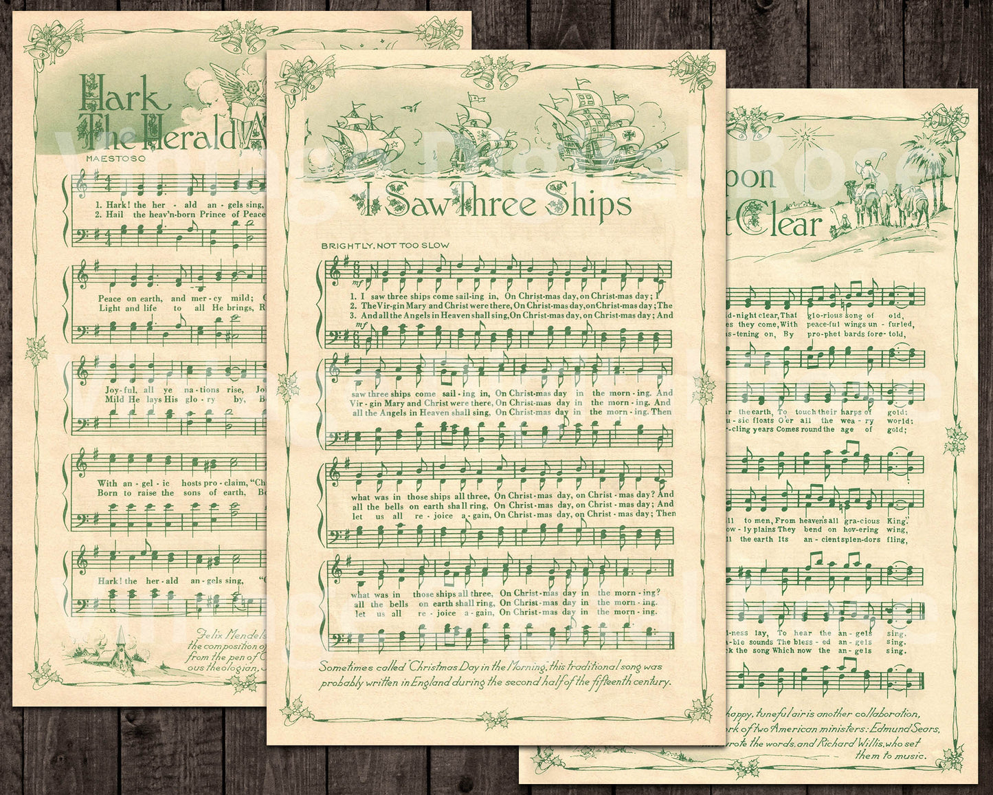 Printable Vintage Christmas Carols Green Illustrated Best Sellers Top Christmas Songs Set of 7 - Set #1