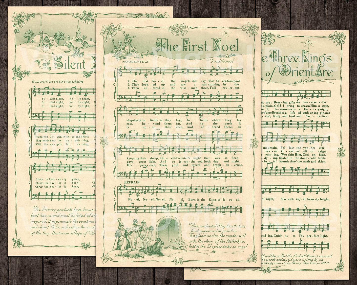 Printable Vintage Christmas Carols Green Illustrated Best Sellers Top Christmas Songs Set of 14 - Full Set