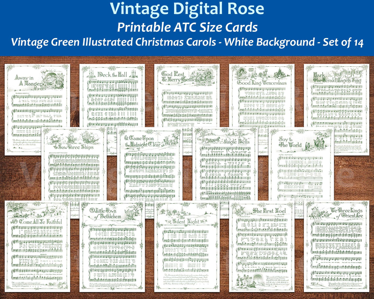 Printable Vintage Christmas Carols Green Illustrated White Background Popular Songs Set of 14 ATC Size Artist Trading Card Journal Scrapbook