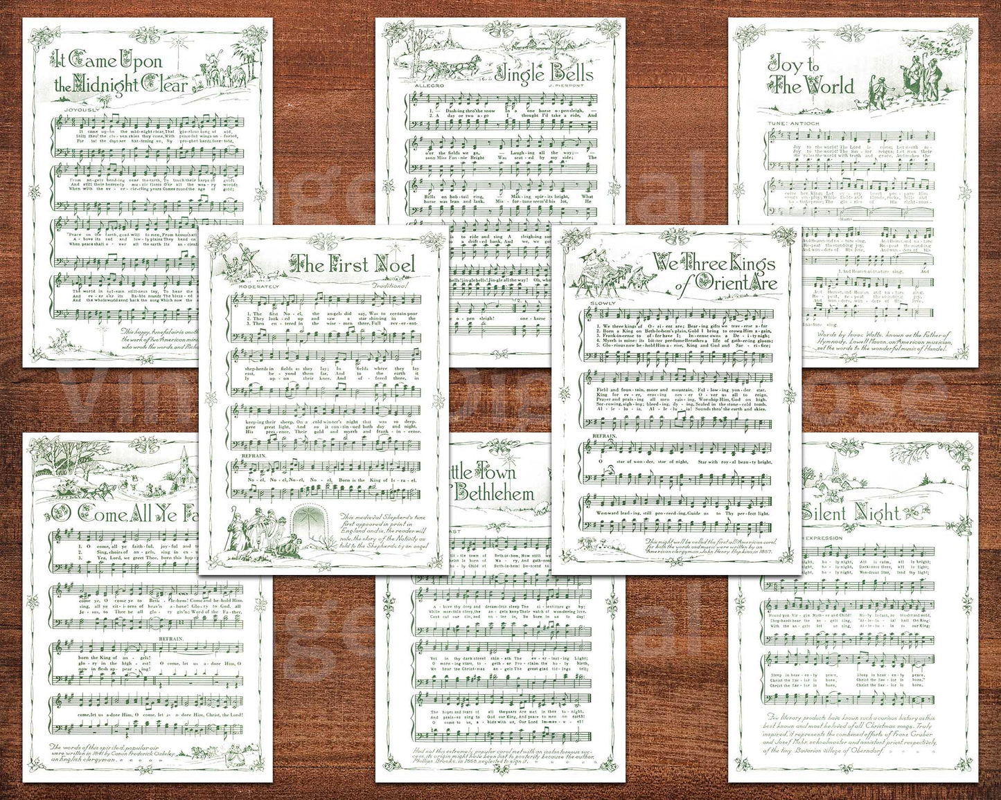 Printable Vintage Christmas Carols Green Illustrated White Background Popular Songs Set of 14 ATC Size Artist Trading Card Journal Scrapbook