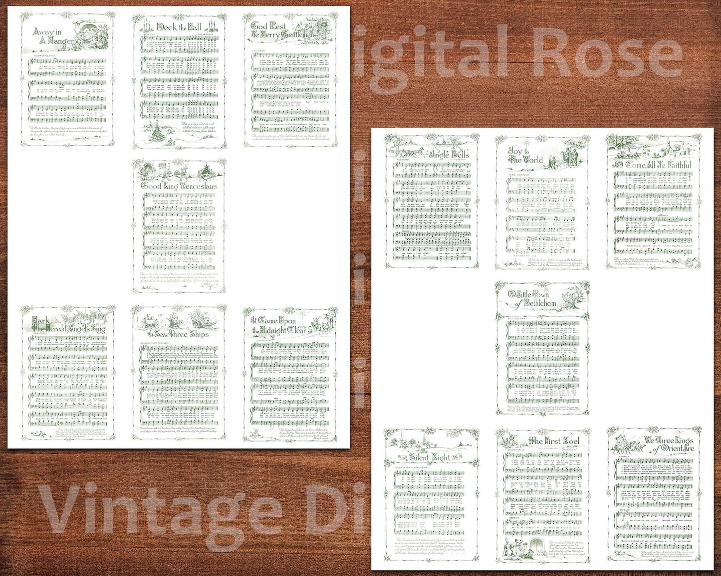 Printable Vintage Christmas Carols Green Illustrated White Background Popular Songs Set of 14 ATC Size Artist Trading Card Journal Scrapbook