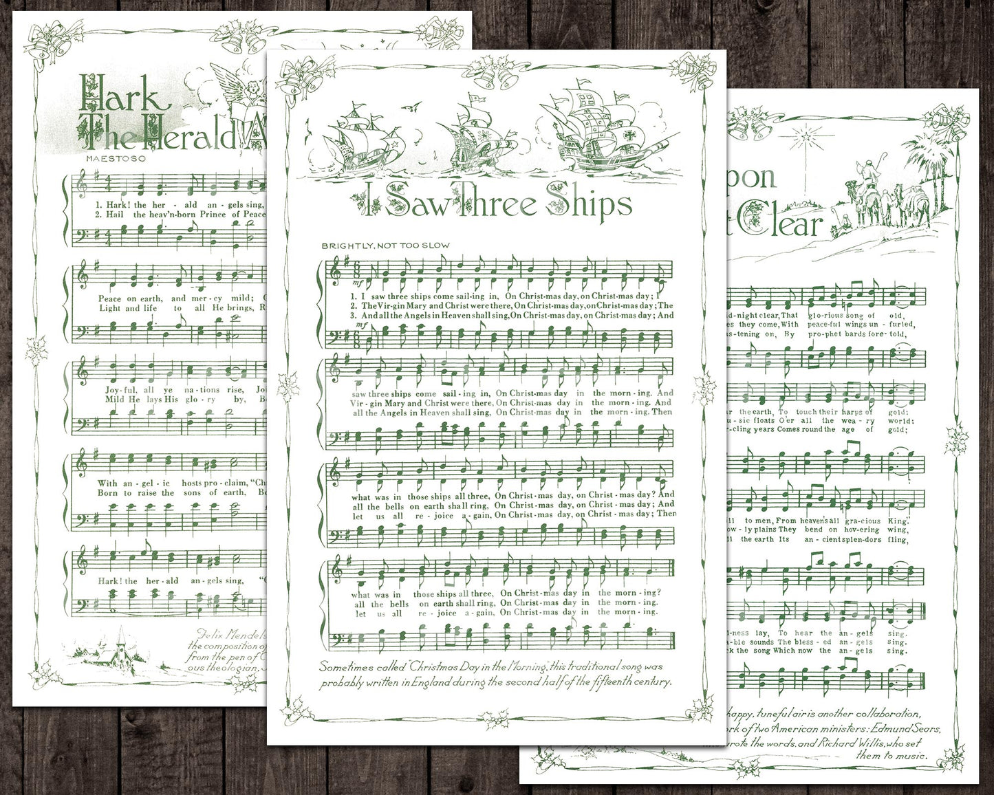 Printable Vintage Christmas Carols Green Illustrated Best Sellers Top Christmas Songs Set of 7 - Set #1 White Background