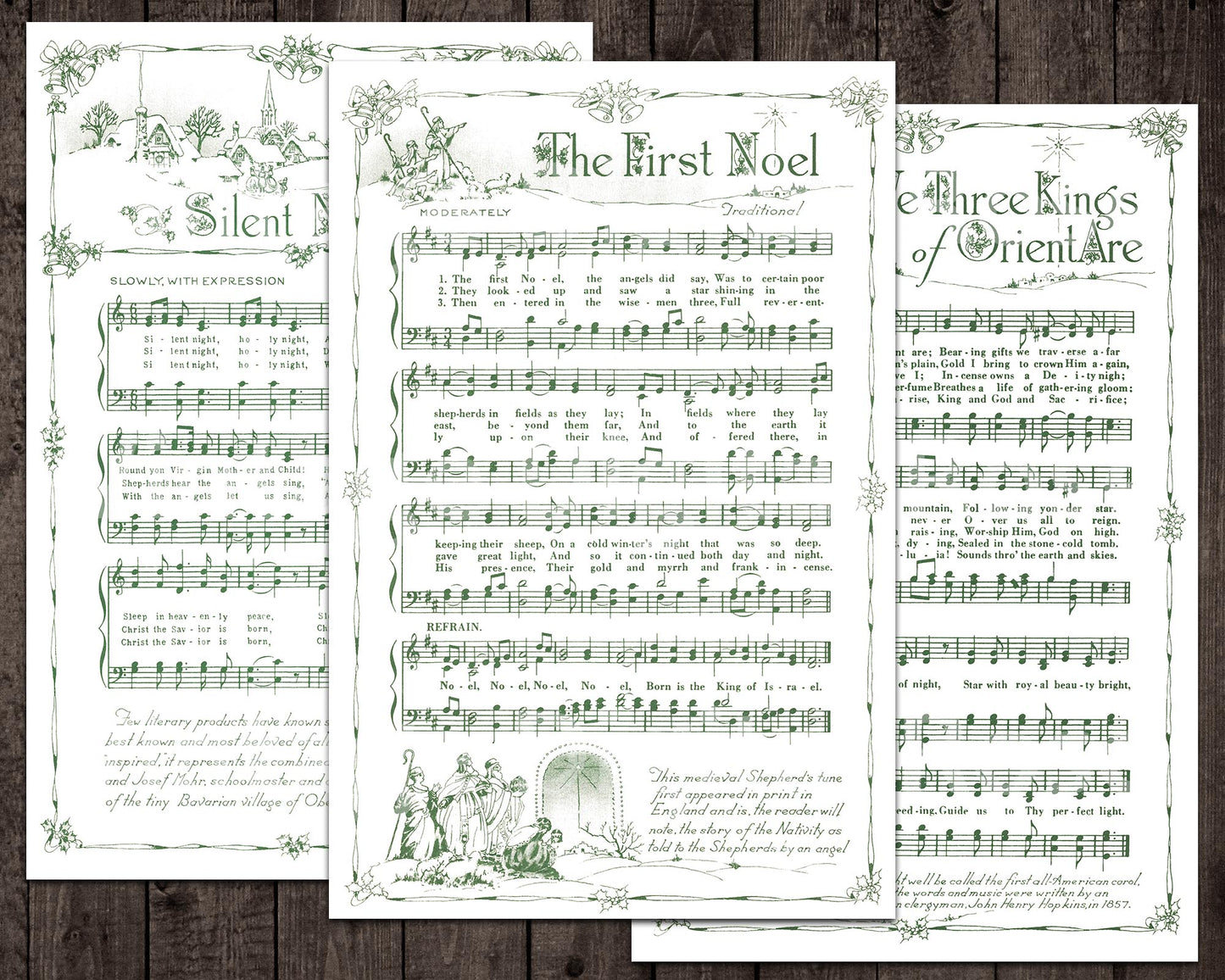 Printable Vintage Christmas Carols Green Illustrated Best Sellers Top Christmas Songs Set of 7 - Set #2 White Background