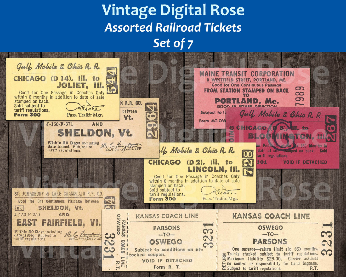 Vintage Printable Assorted Railroad Tickets Digital Collage Sheet JPG Format Set of 7 Seven Tickets Antique Transportation Ephemera