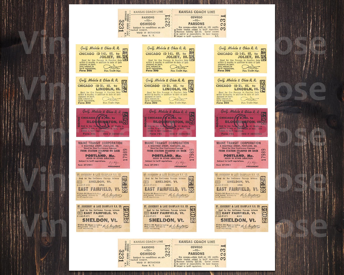 Vintage Printable Assorted Railroad Tickets Digital Collage Sheet JPG Format Set of 7 Seven Tickets Antique Transportation Ephemera