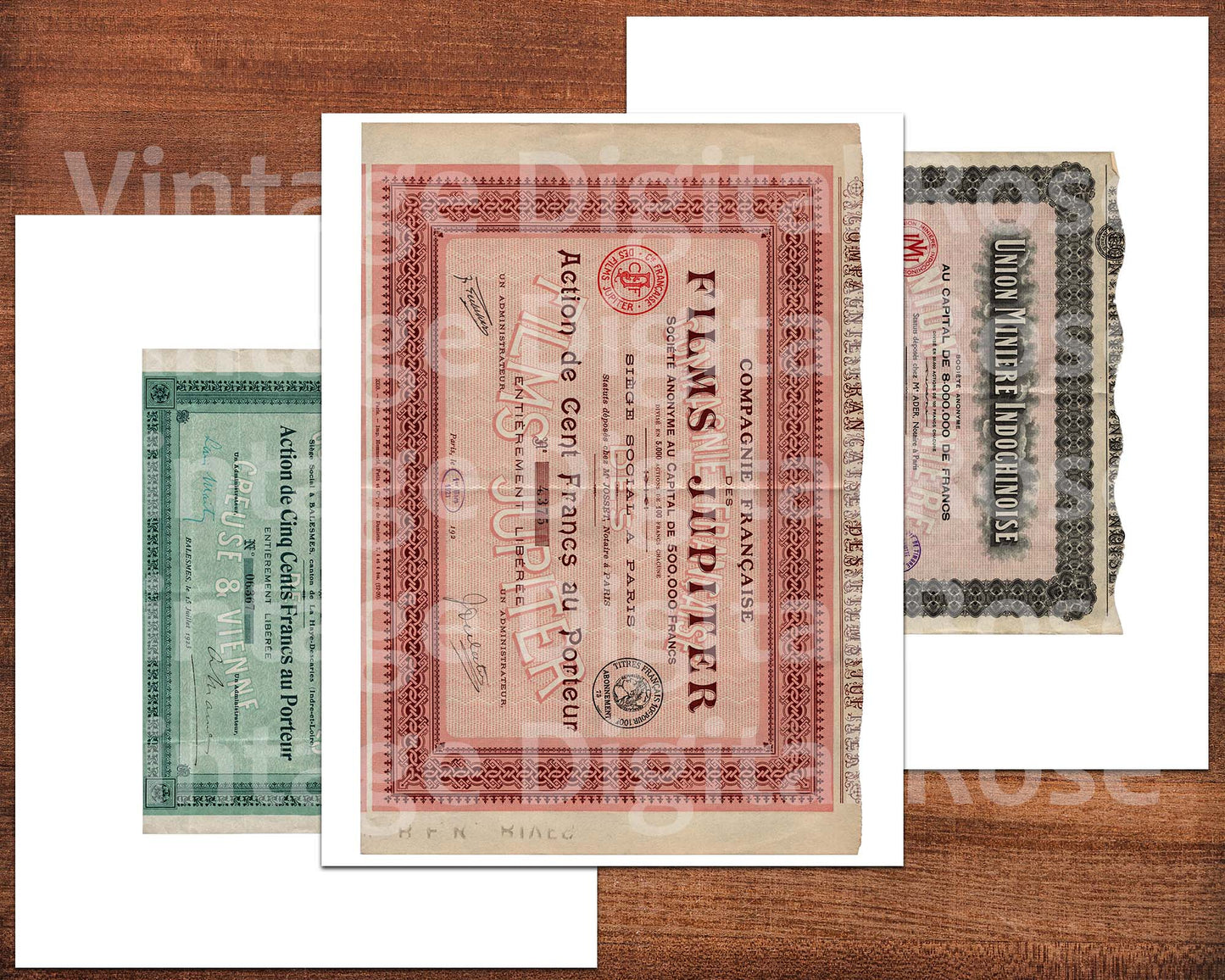Vintage French Bond Certificates 1920s Set of 3 Certificates Red Green Gray Printable Junk Journal Ephemera