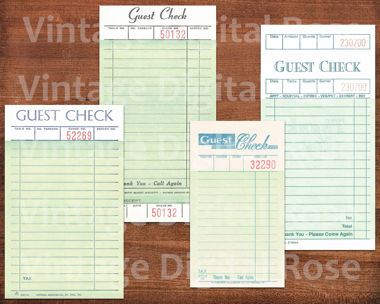 Vintage Printable Guest Checks Green Blank Unused Receipts Set of 4 Pale Light Green Digital Collage Sheet JPG Format Vintage Ephemera