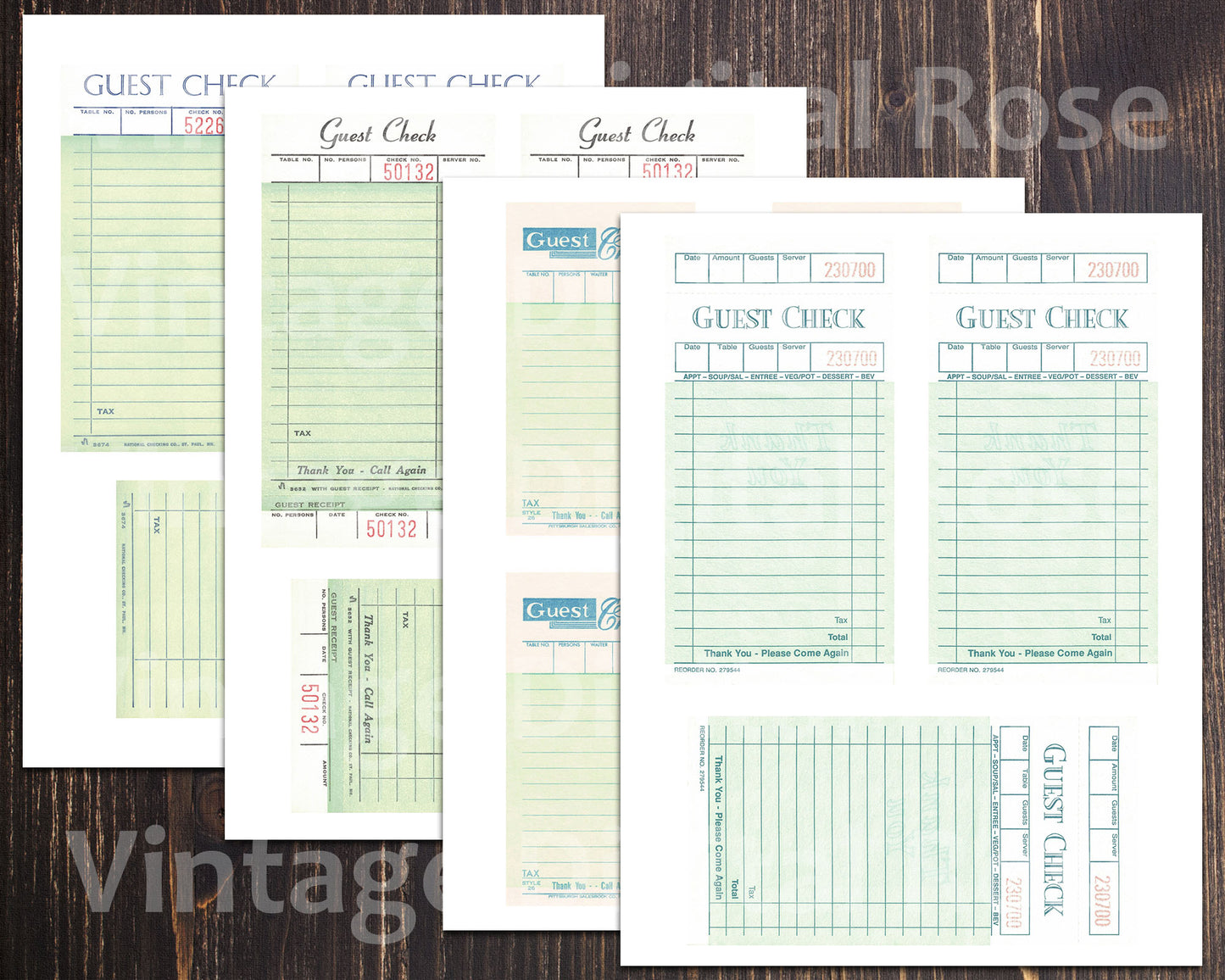 Vintage Printable Guest Checks Green Blank Unused Receipts Set of 4 Pale Light Green Digital Collage Sheet JPG Format Vintage Ephemera