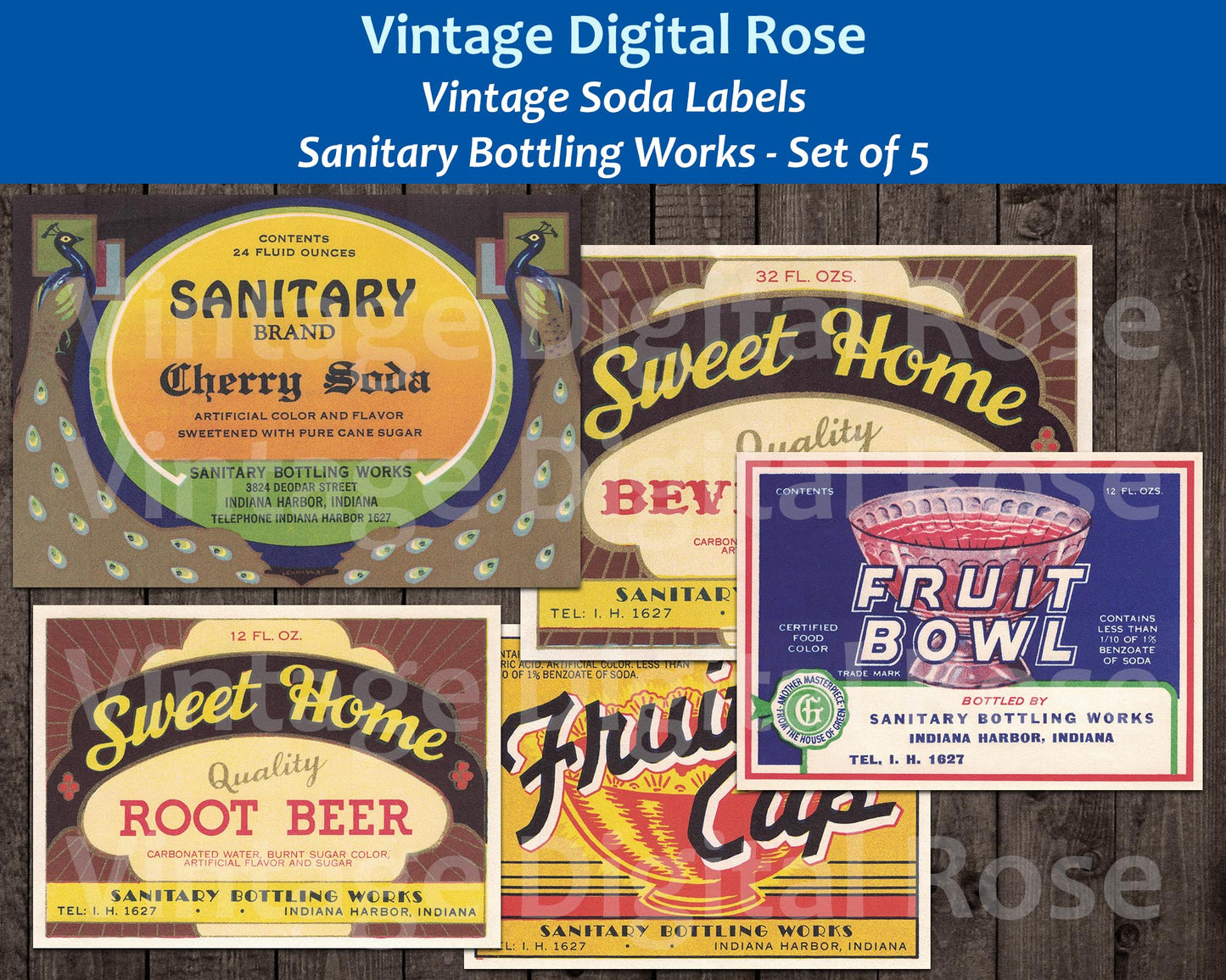 Vintage Soda Labels Sanitary Bottling Works Root Beer Cherry Soda Fruit Set of 5 Labels Digital Collage Sheet JPG Format Vintage Ephemera