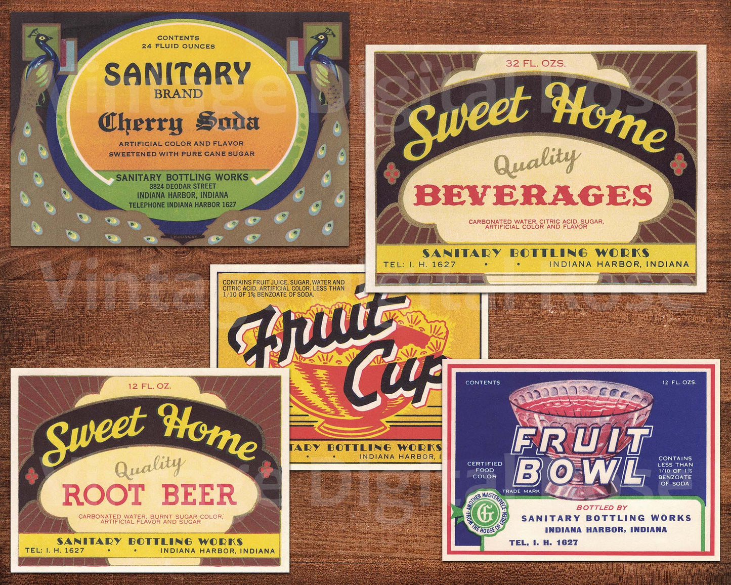 Vintage Soda Labels Sanitary Bottling Works Root Beer Cherry Soda Fruit Set of 5 Labels Digital Collage Sheet JPG Format Vintage Ephemera