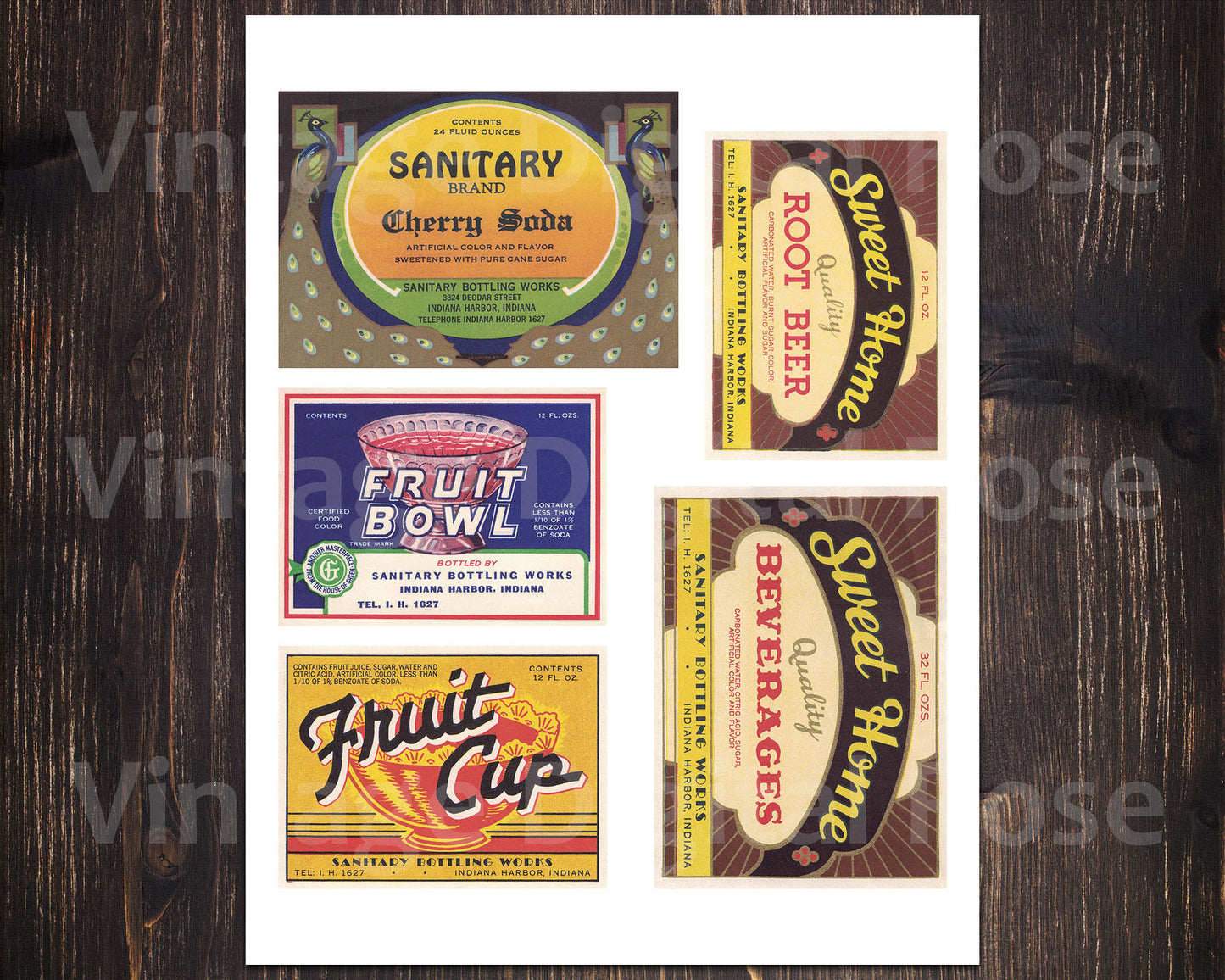 Vintage Soda Labels Sanitary Bottling Works Root Beer Cherry Soda Fruit Set of 5 Labels Digital Collage Sheet JPG Format Vintage Ephemera