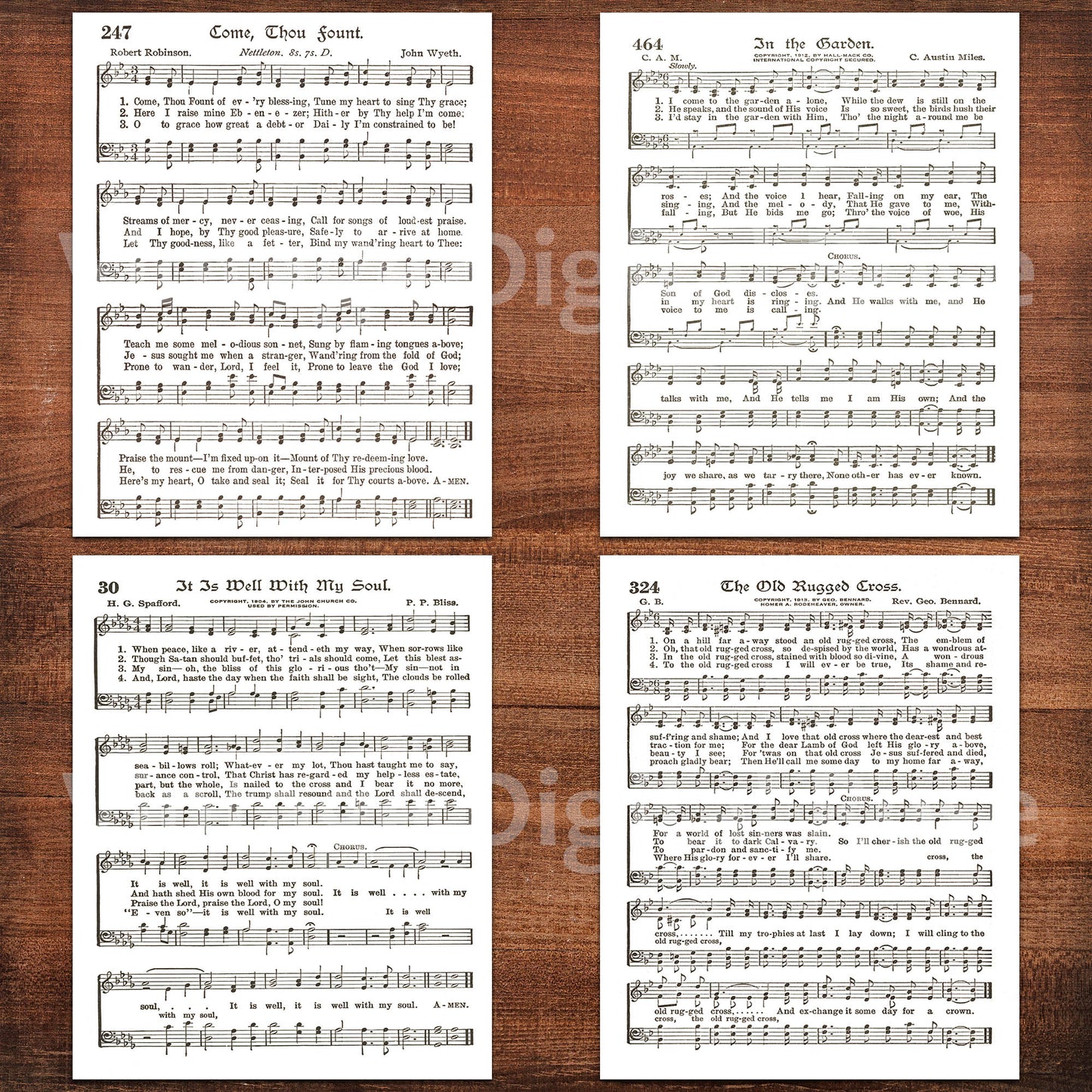 Printable Vintage Hymns Set of 8 Sheet Music Best Sellers Top Songs - Set #2 White Backgrounds