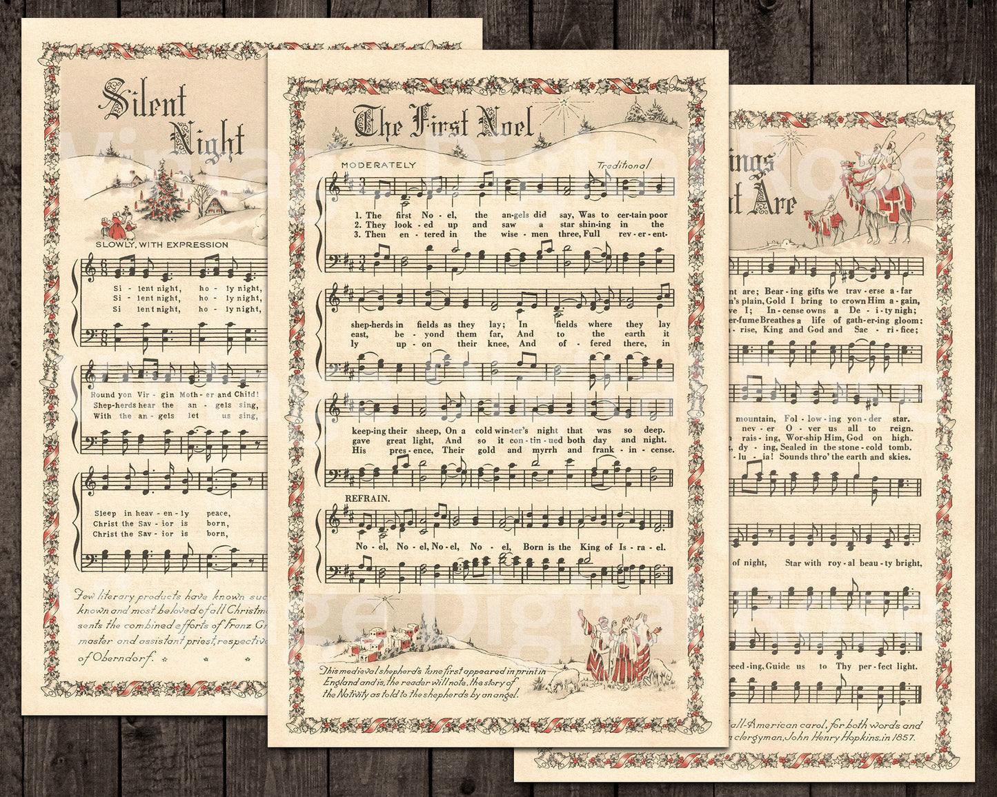 Printable Vintage Christmas Carols Color Illustrations Best Sellers Top Christmas Songs Set of 14 - Full Set