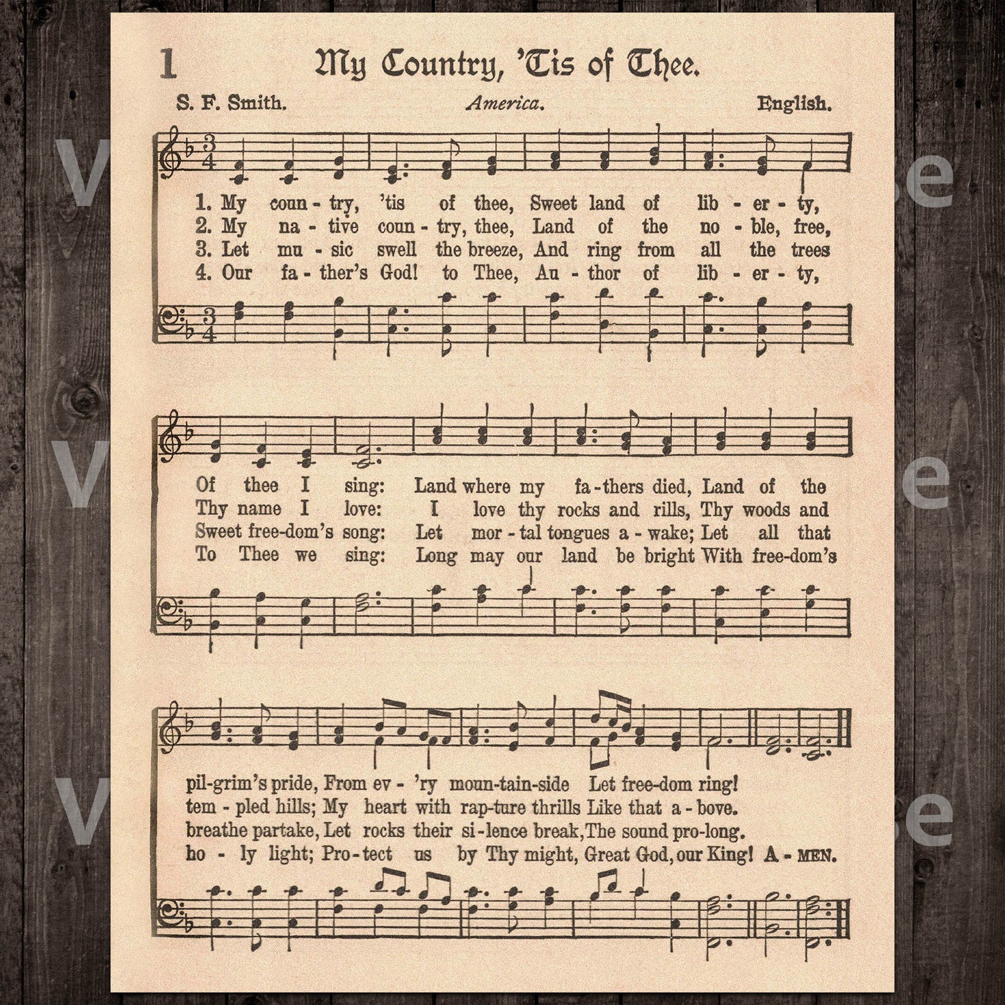 Printable Vintage Patriotic Sheet Music - Star Spangled Banner, America the Beautiful, Battle Hymn of the Republic, My Country, 'Tis of Thee