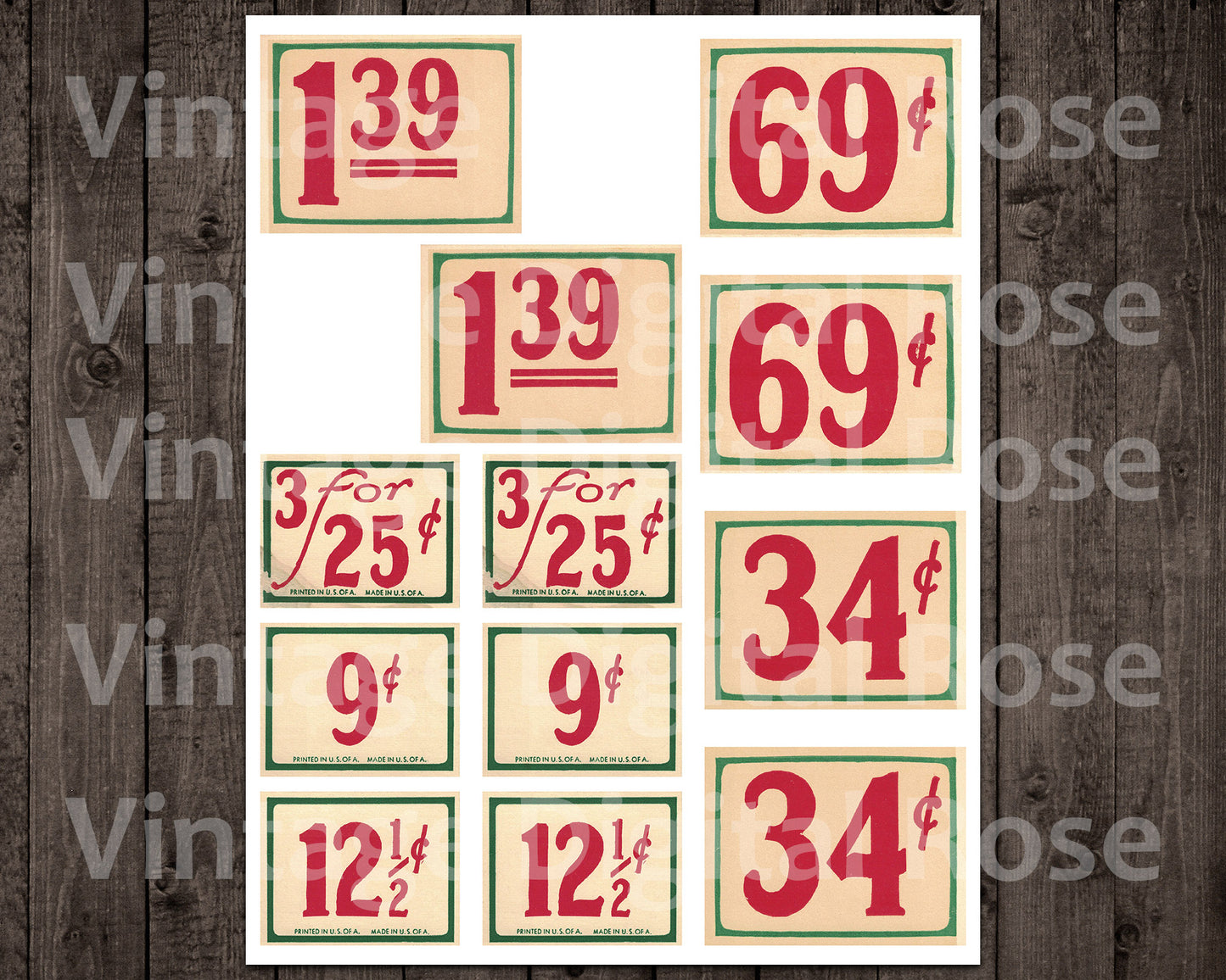 Vintage Price Cards Tags Red and Green - Printable Digital Cards - Set of 6 Two Sizes Christmas Ephemera