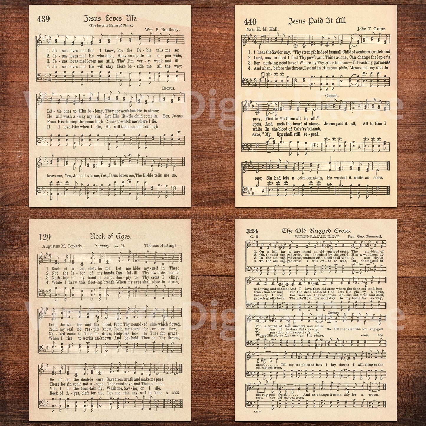 Printable Vintage Hymns Set of 8 Sheet Music Best Sellers Top Songs - Set #1