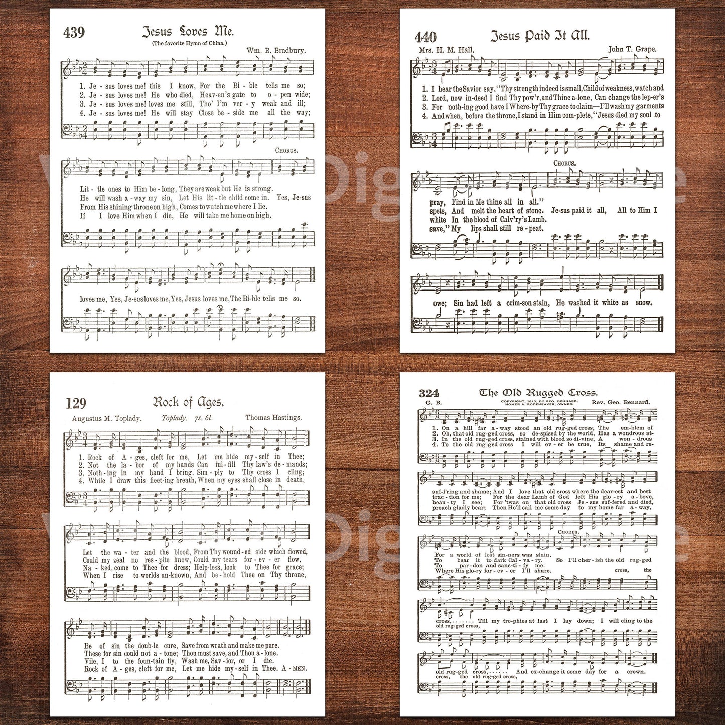 Printable Vintage Hymns Set of 8 Sheet Music Best Sellers Top Songs - Set #1 White Backgrounds