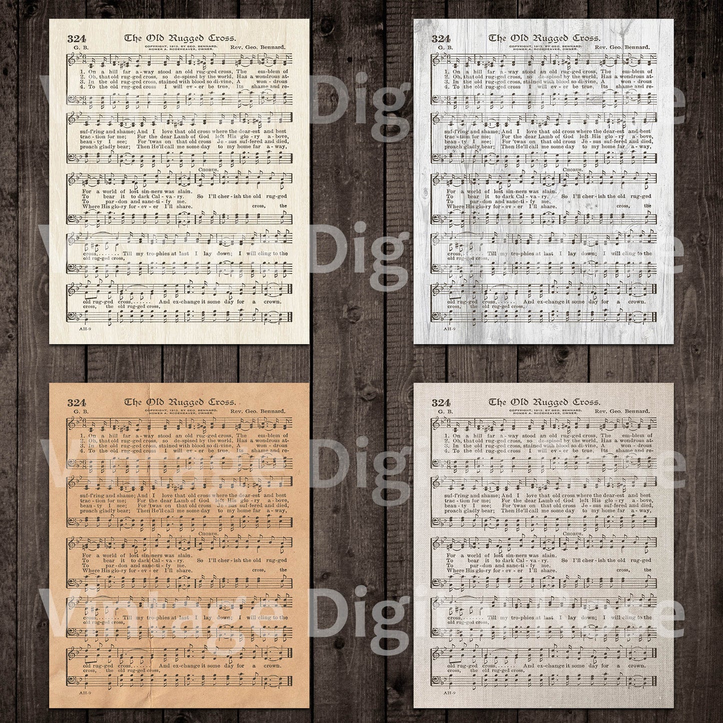 The Old Rugged Cross Printable Vintage Hymn Sheet Music - Vintage, White, and Transparent Backgrounds JPG PNG Files