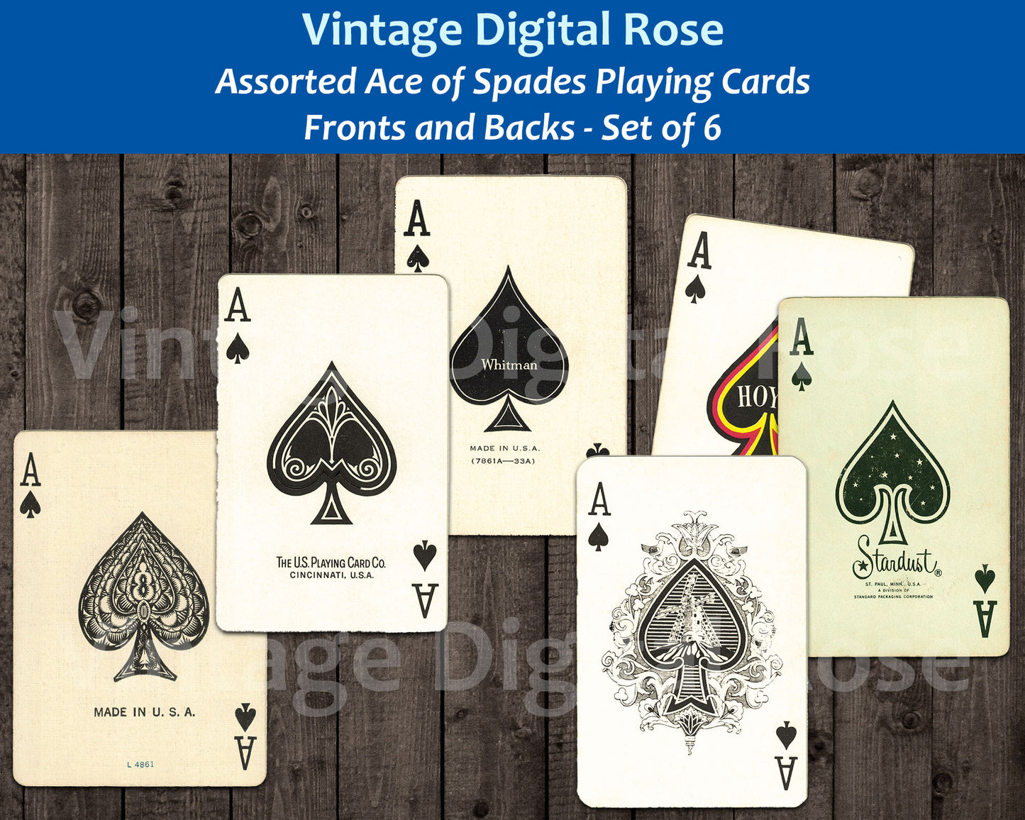 Vintage Printable Ace of Spades Playing Cards Fronts and Backs Digital Collage Sheet PNG JPG Format Set of 6 Cards Vintage Game Ephemera