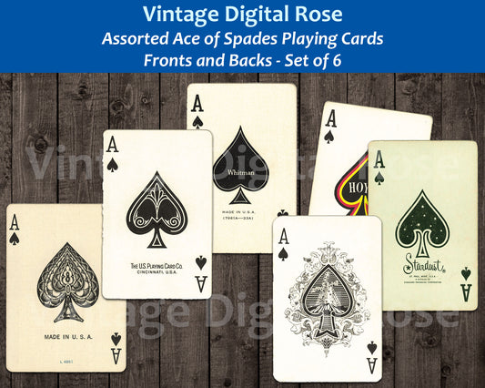 Vintage Printable Ace of Spades Playing Cards Fronts and Backs Digital Collage Sheet PNG JPG Format Set of 6 Cards Vintage Game Ephemera