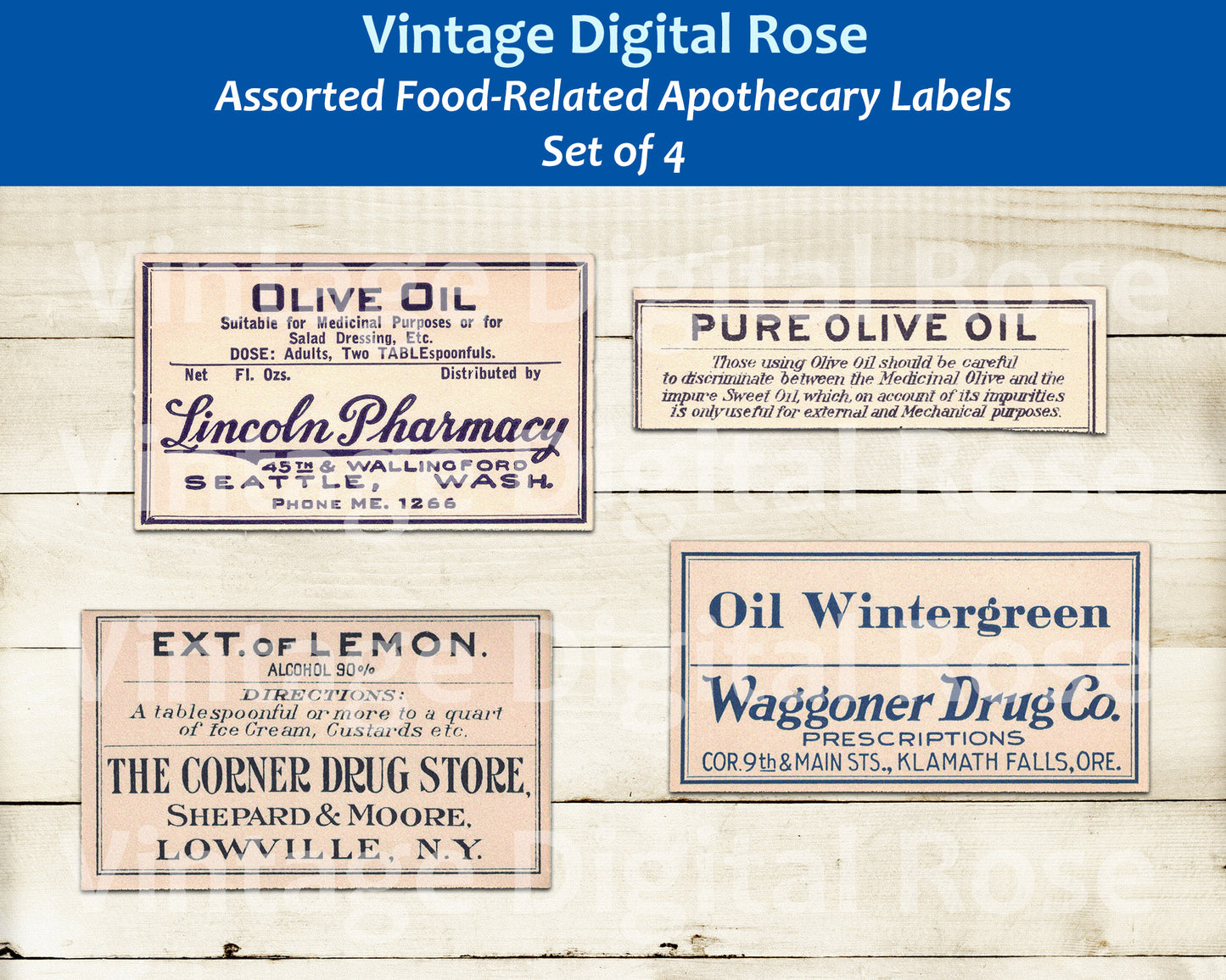 Vintage Food Related Apothecary Labels Olive Oil Lemon Digital Collage Sheet JPG PNG Format Set of 4 Four Labels Vintage Food Ephemera