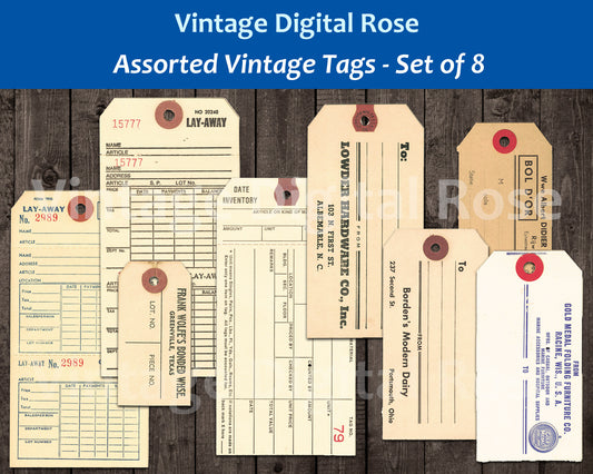 Vintage Printable Assorted Hang Tags General Store Inventory Hardware and More Digital Collage Sheet PNG Format Set of 8 Tags