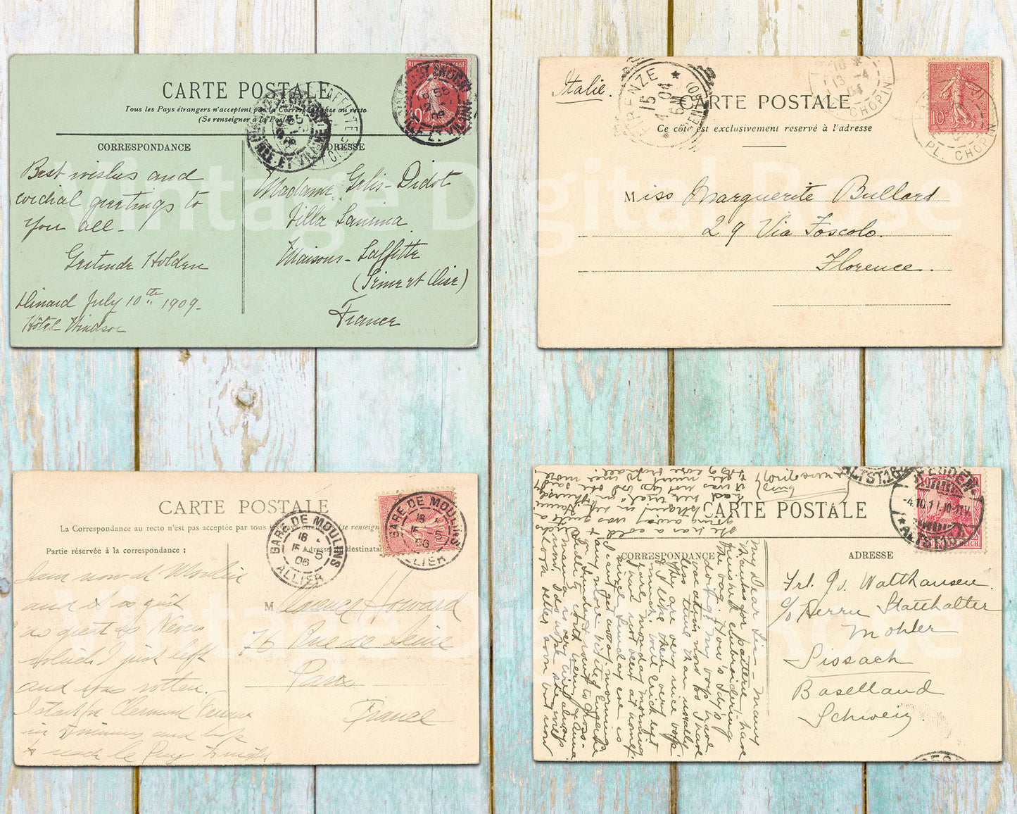 Vintage Antique Postcards Carte Postale French Postmarked Backs Grunge Ephemera PNG JPG Format Set of 20 Digital Download Images