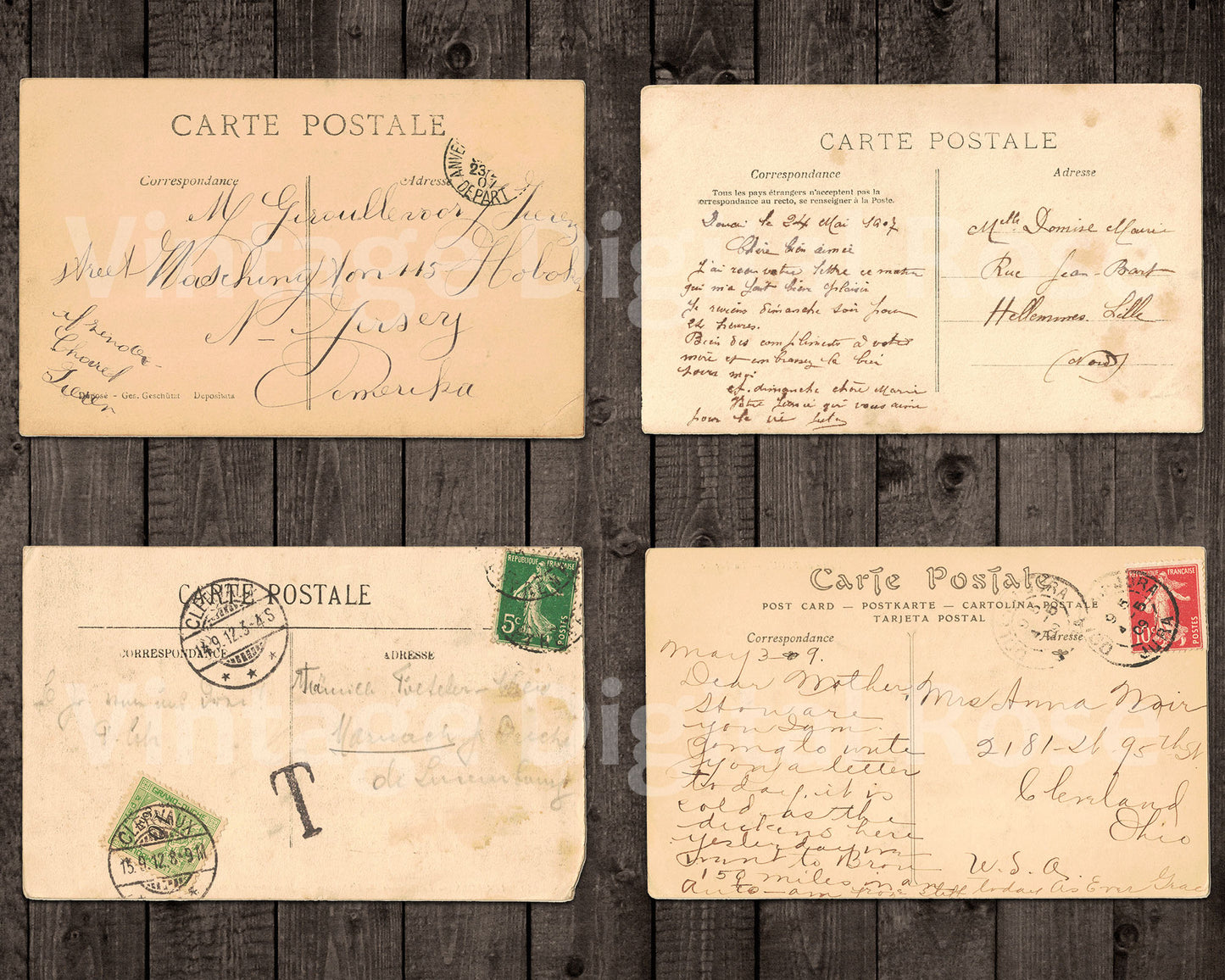 Vintage Antique Postcards Carte Postale French Postmarked Backs Grunge Ephemera PNG JPG Format Set of 20 Digital Download Images