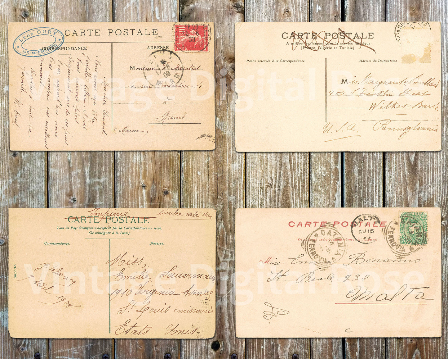 Vintage Antique Postcards Carte Postale French Postmarked Backs Grunge Ephemera PNG JPG Format Set of 20 Digital Download Images