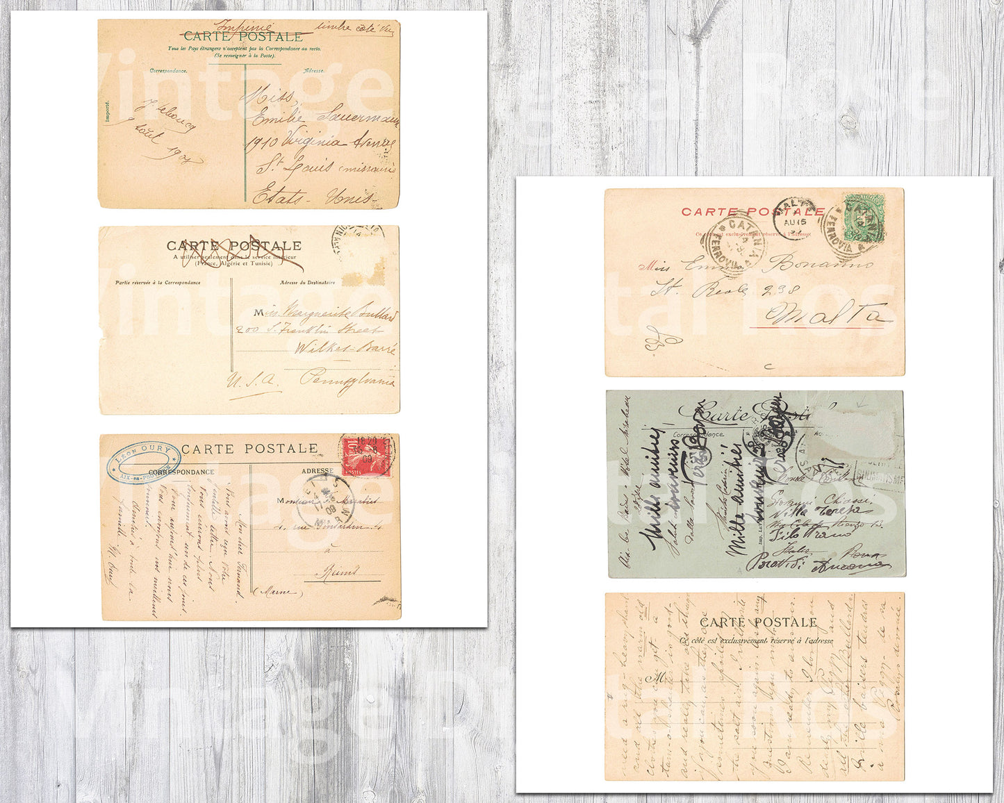 Vintage Antique Postcards Carte Postale French Postmarked Backs Grunge Ephemera PNG JPG Format Set of 20 Digital Download Images