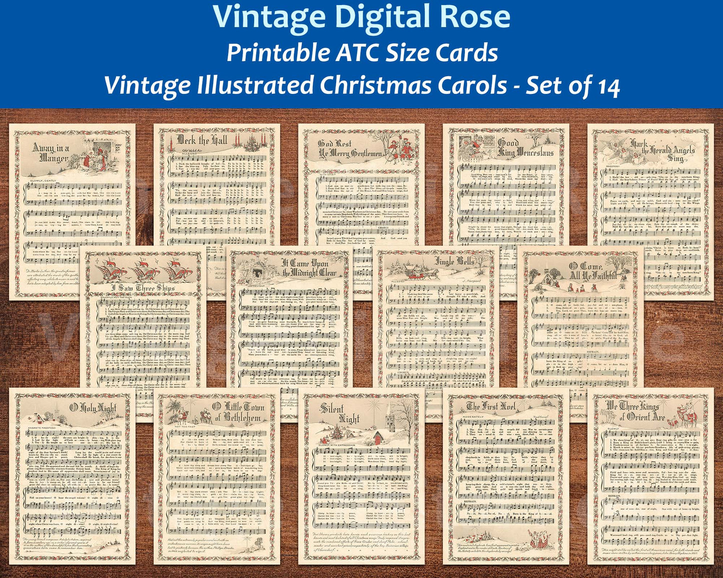 Printable Vintage Christmas Carols Color Illustrations Popular Songs Set of 14 ATC Size Artist Trading Card Journal Scrapbook