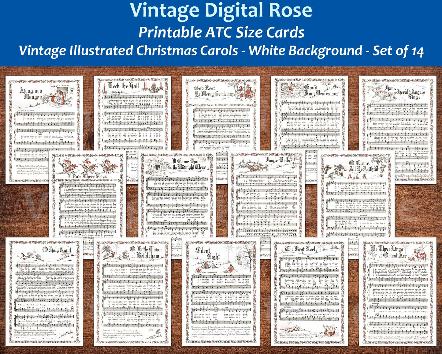 Printable Vintage Christmas Carols Illustrations White Background Popular Songs Set of 14 ATC Size Artist Trading Card Journal Scrapbook