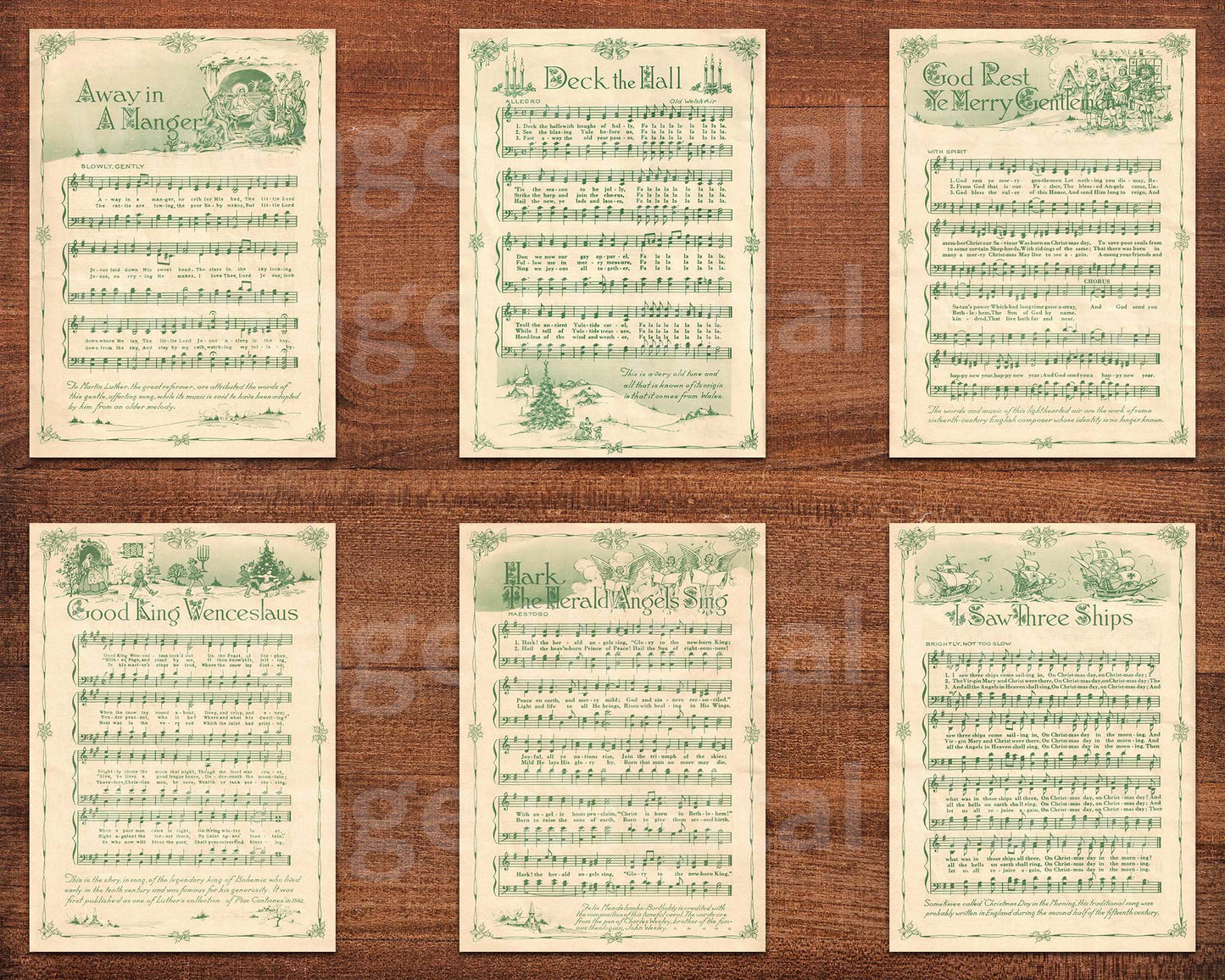 Printable Vintage Christmas Carols Green Illustrated Popular Songs Set of 14 ATC Size Artist Trading Card Journal Scrapbook