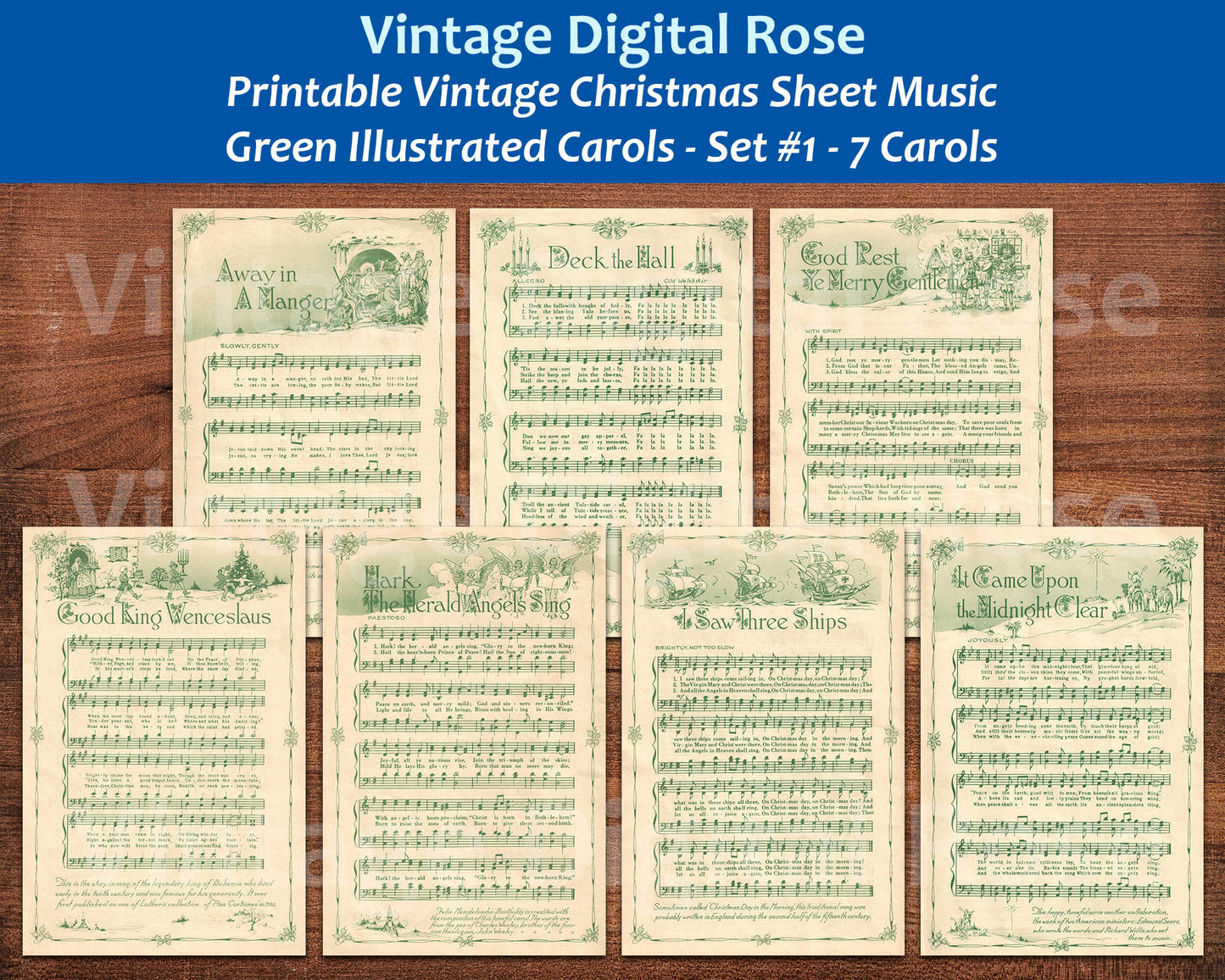 Printable Vintage Christmas Carols Green Illustrated Best Sellers Top Christmas Songs Set of 7 - Set #1