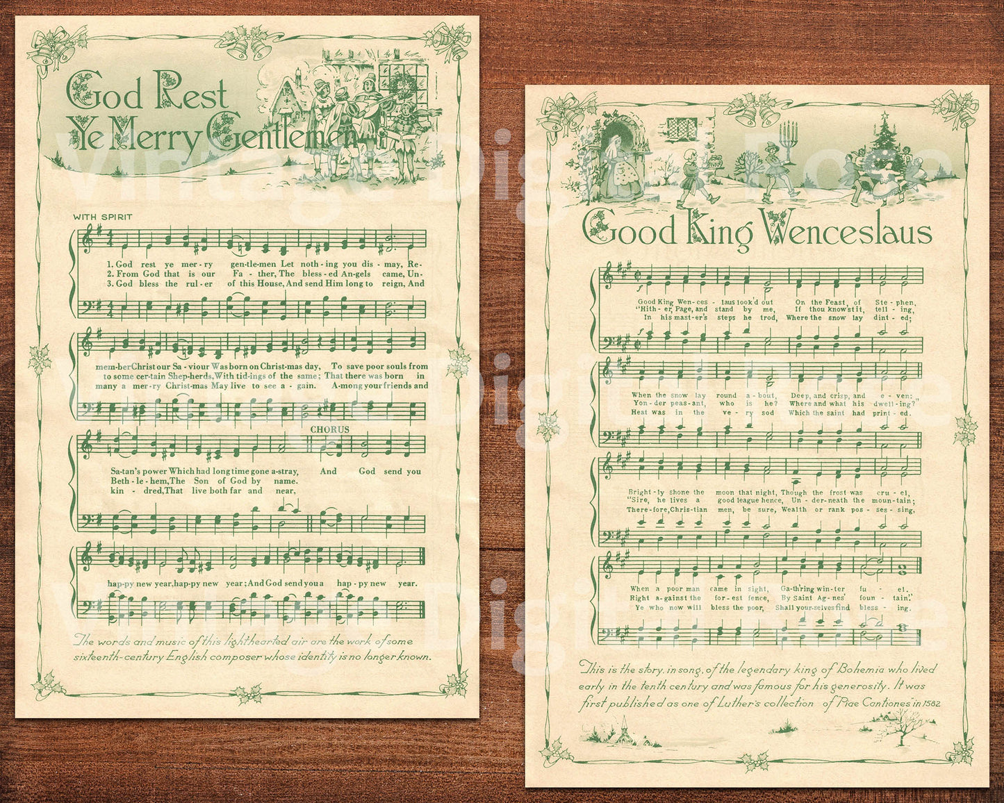 Printable Vintage Christmas Carols Green Illustrated Best Sellers Top Christmas Songs Set of 7 - Set #1