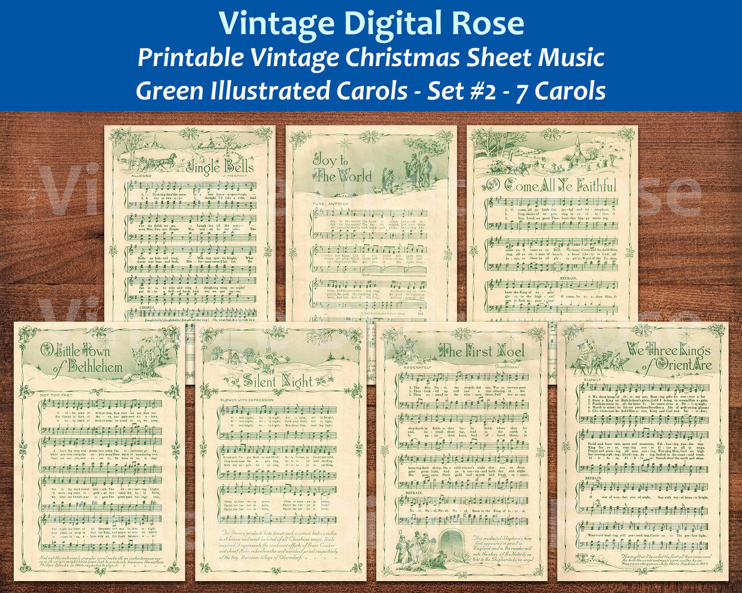 Printable Vintage Christmas Carols Green Illustrated Best Sellers Top Christmas Songs Set of 7 - Set #2