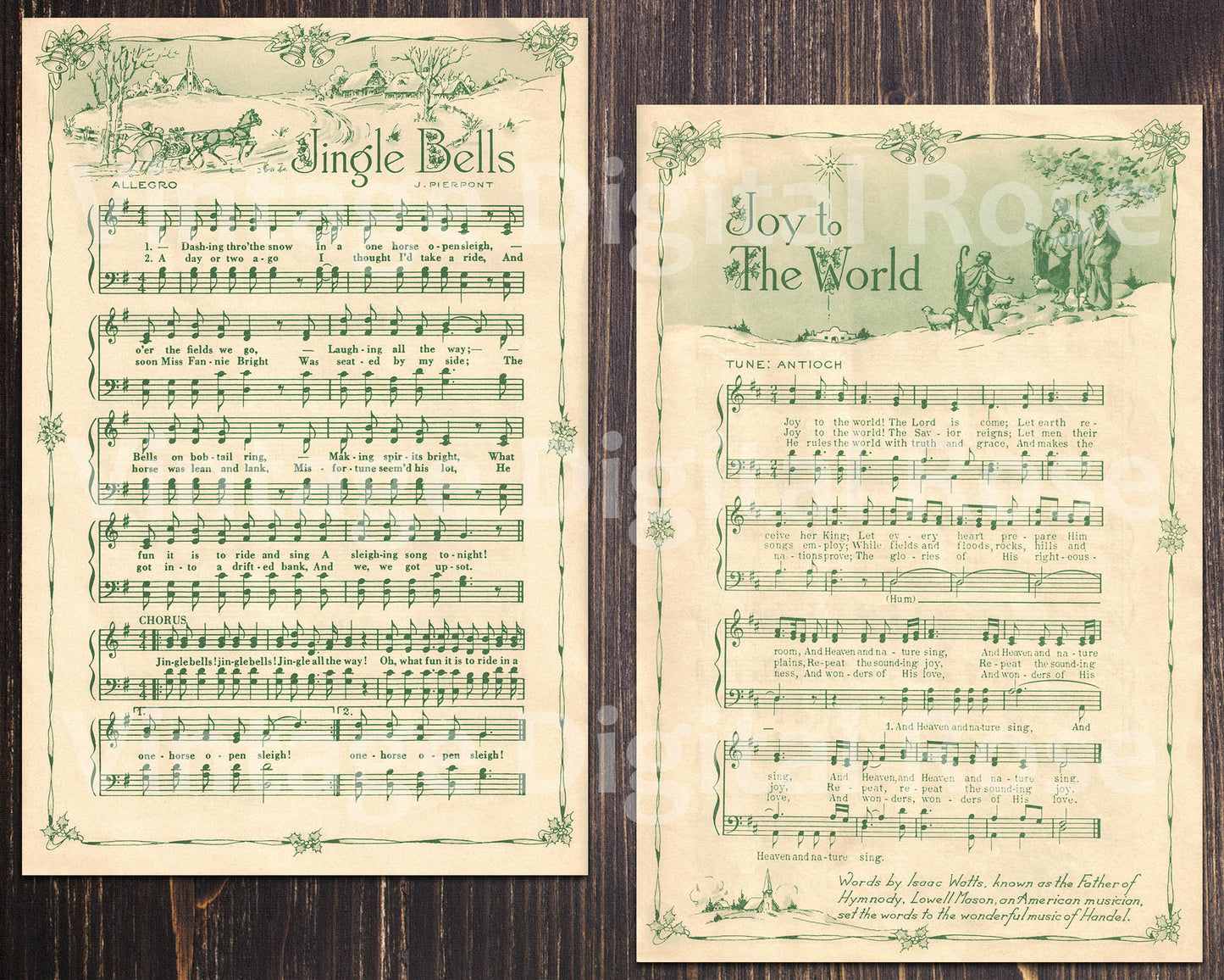Printable Vintage Christmas Carols Green Illustrated Best Sellers Top Christmas Songs Set of 7 - Set #2