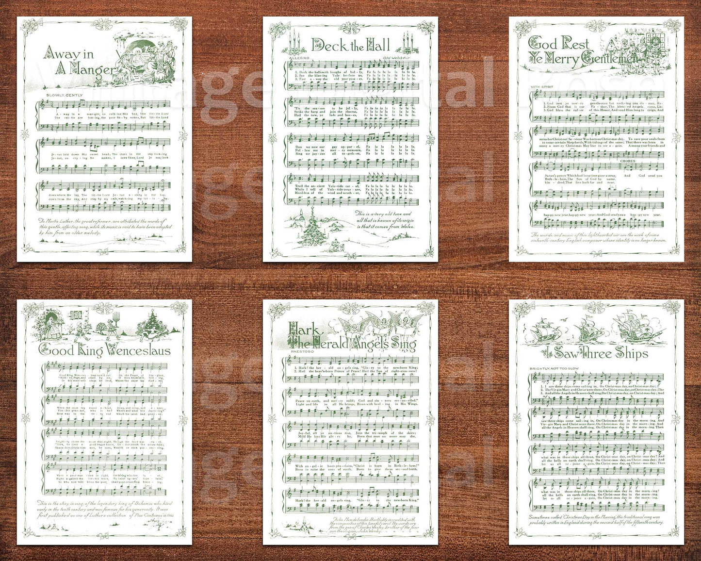 Printable Vintage Christmas Carols Green Illustrated White Background Popular Songs Set of 14 ATC Size Artist Trading Card Journal Scrapbook